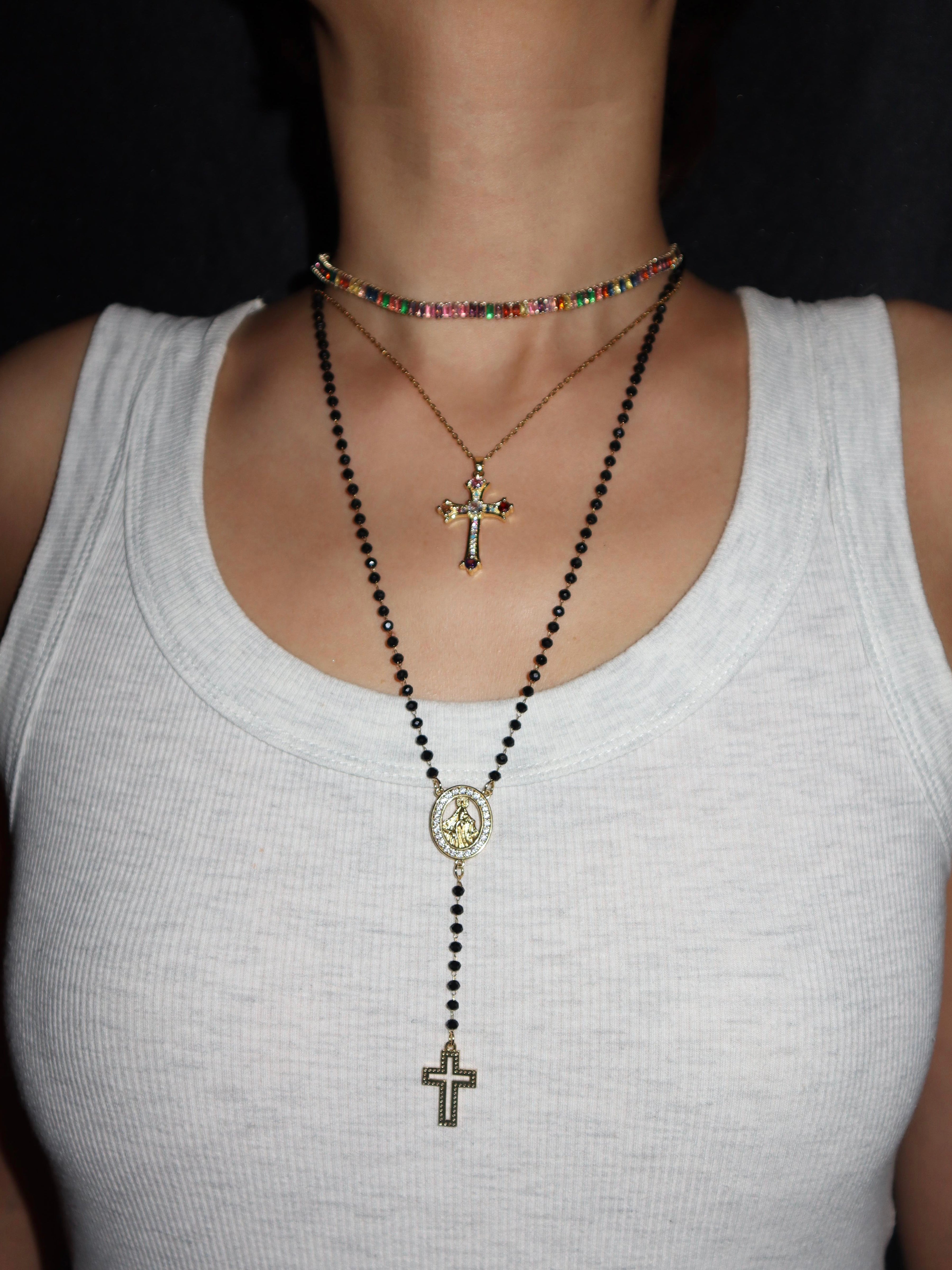 Grace Black Beaded Rosary Cross Lariat Necklace - Kuri Jewelry
