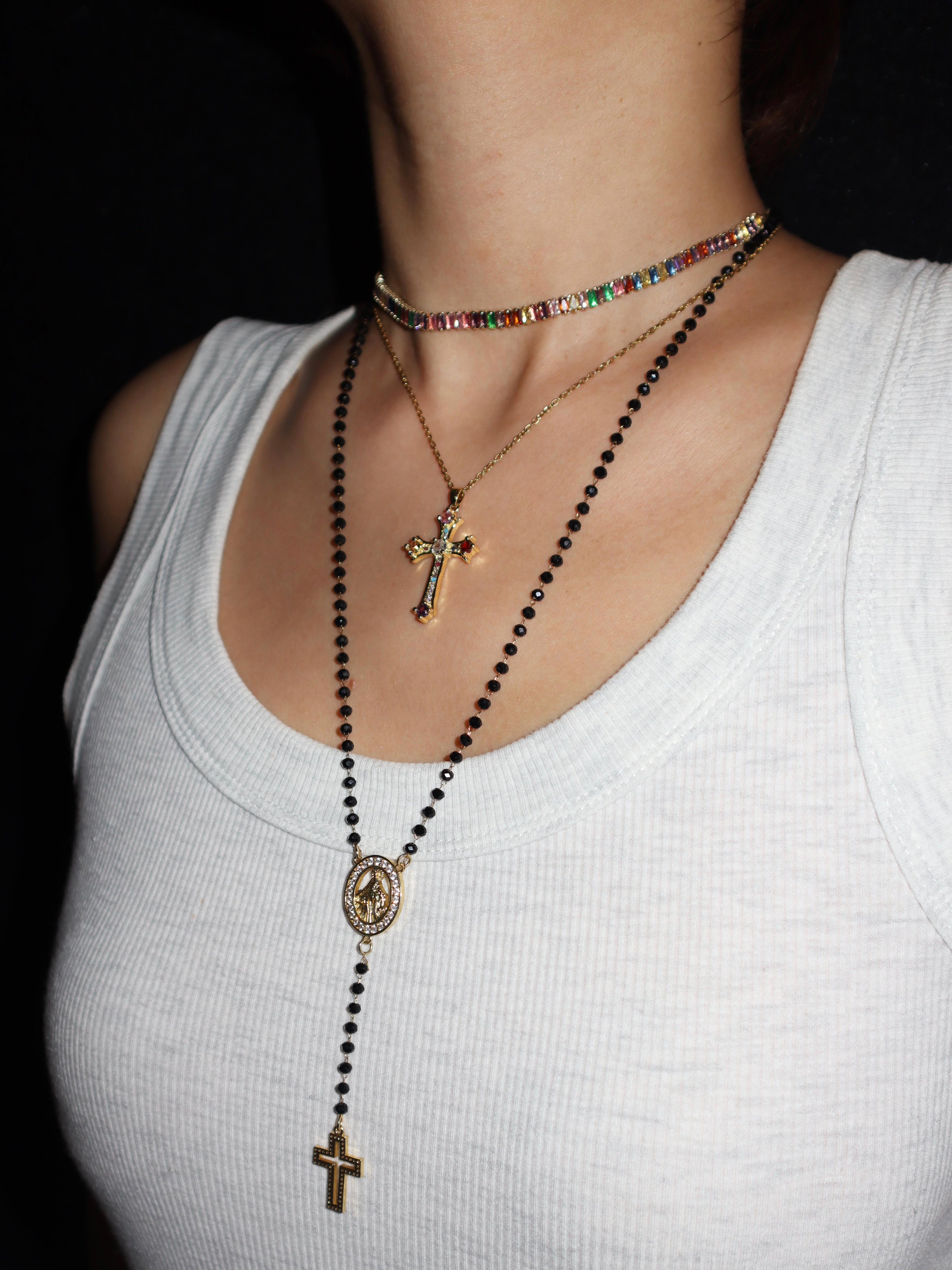 Grace Black Beaded Rosary Cross Lariat Necklace - Kuri Jewelry