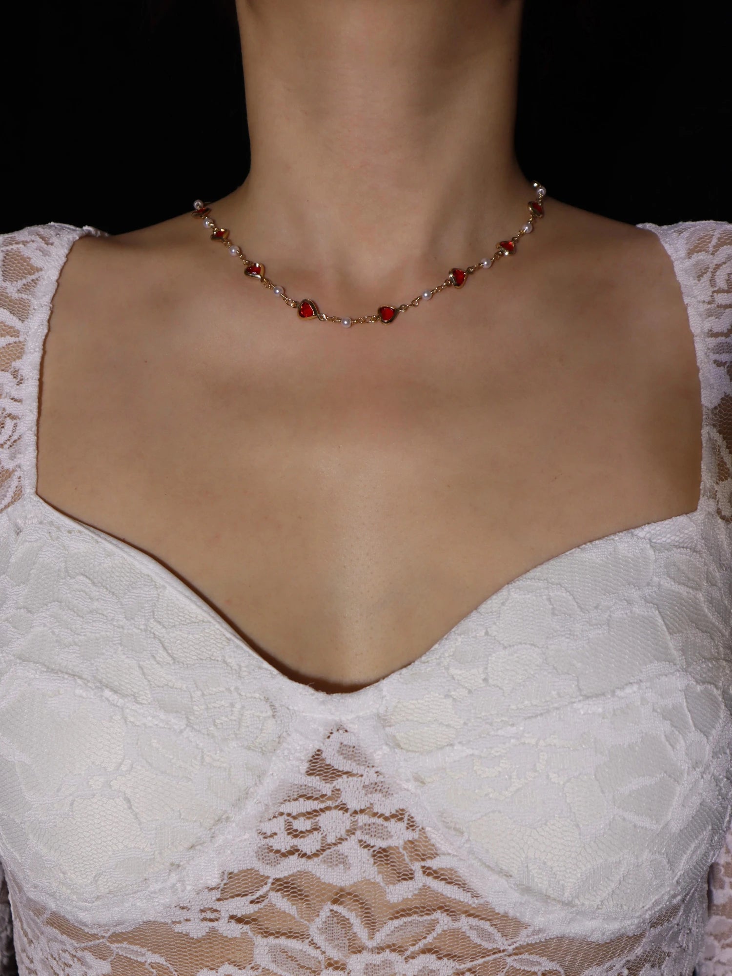 Margaret Red Hearts Pearl Necklace