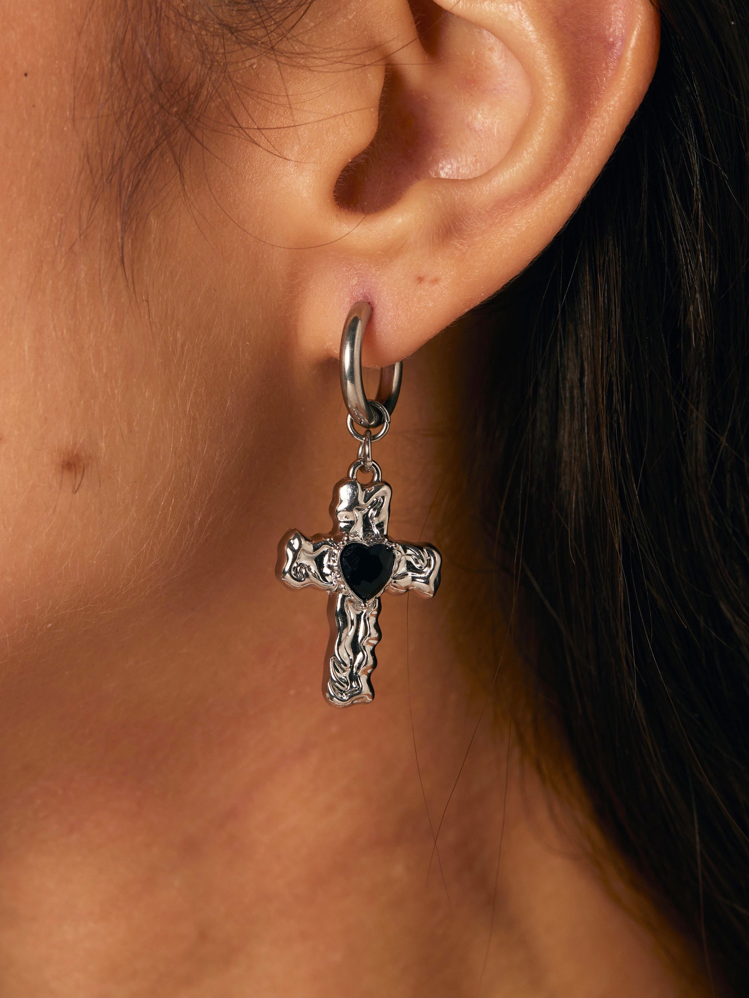 Goth Black Heart Silver Earrings