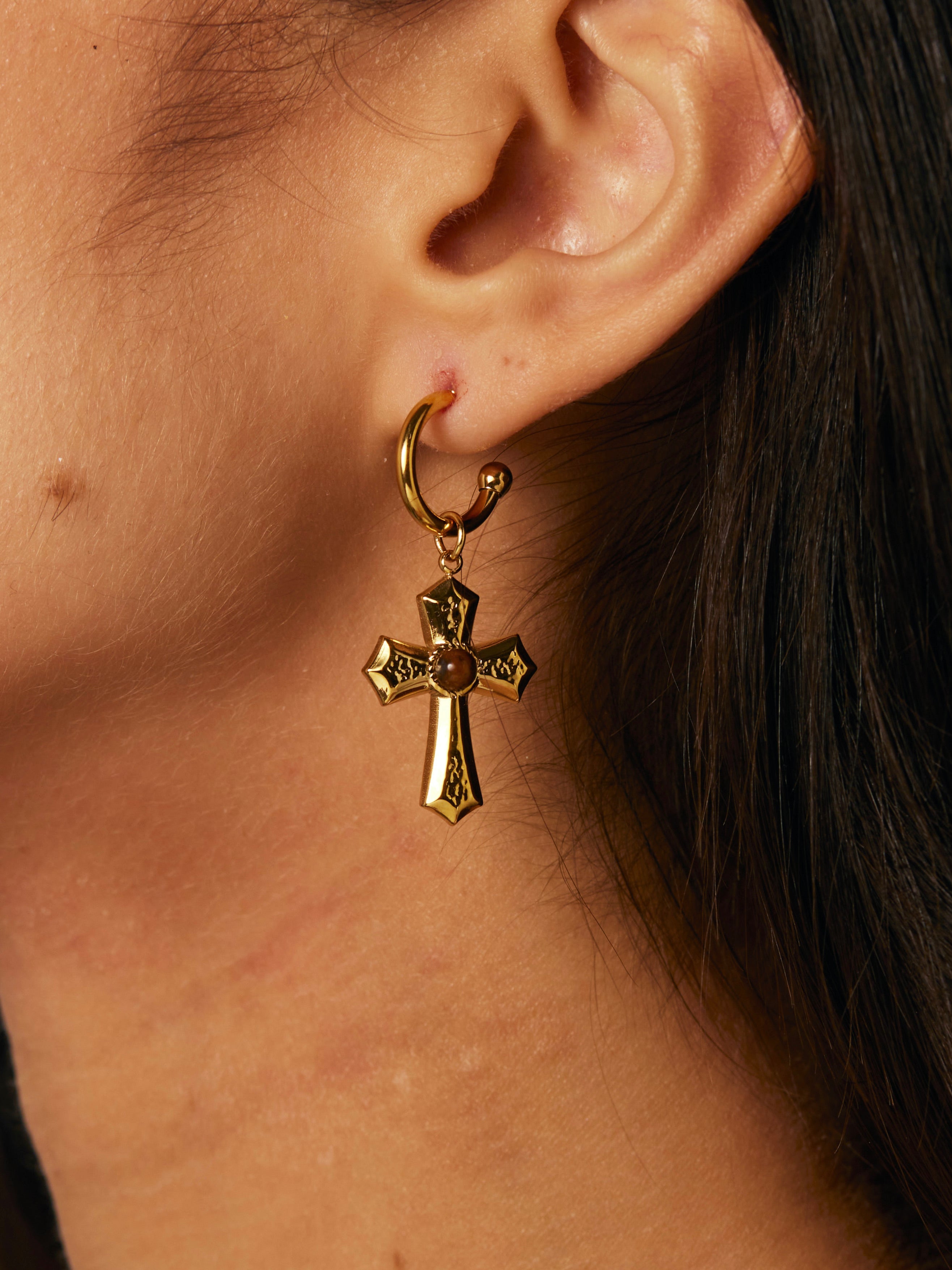 Joanna Tiger's Eye Golden Cross Earrings - Kuri Jewelry