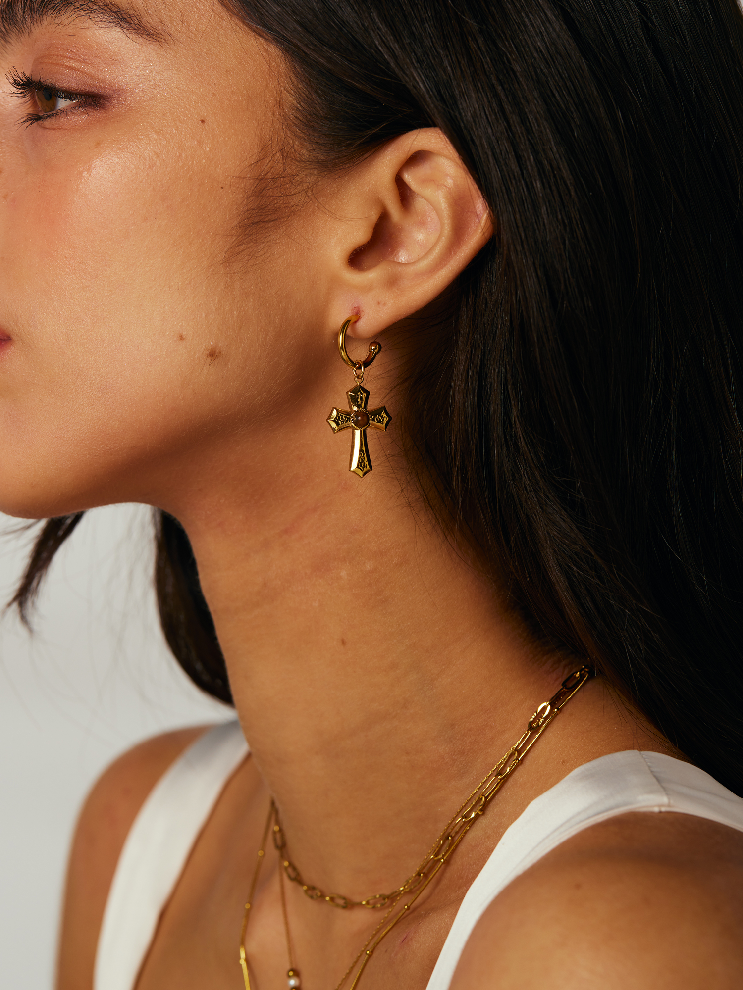 Joanna Tiger's Eye Golden Cross Earrings - Kuri Jewelry