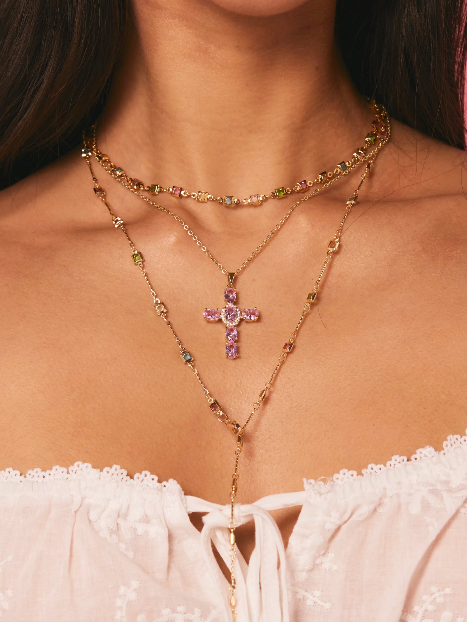 Elvira Pink Cross Necklace - Kuri Jewelry