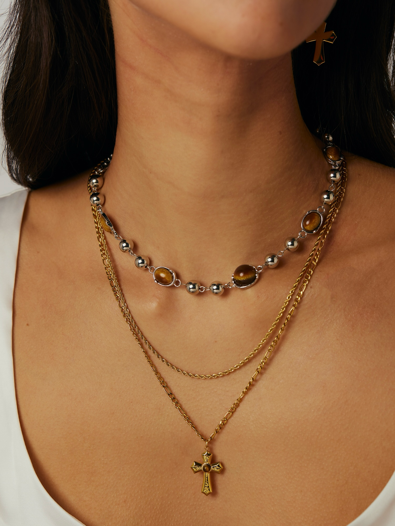 Joanna Tiger's Eye Layered Cross Necklace - Kuri Jewelry