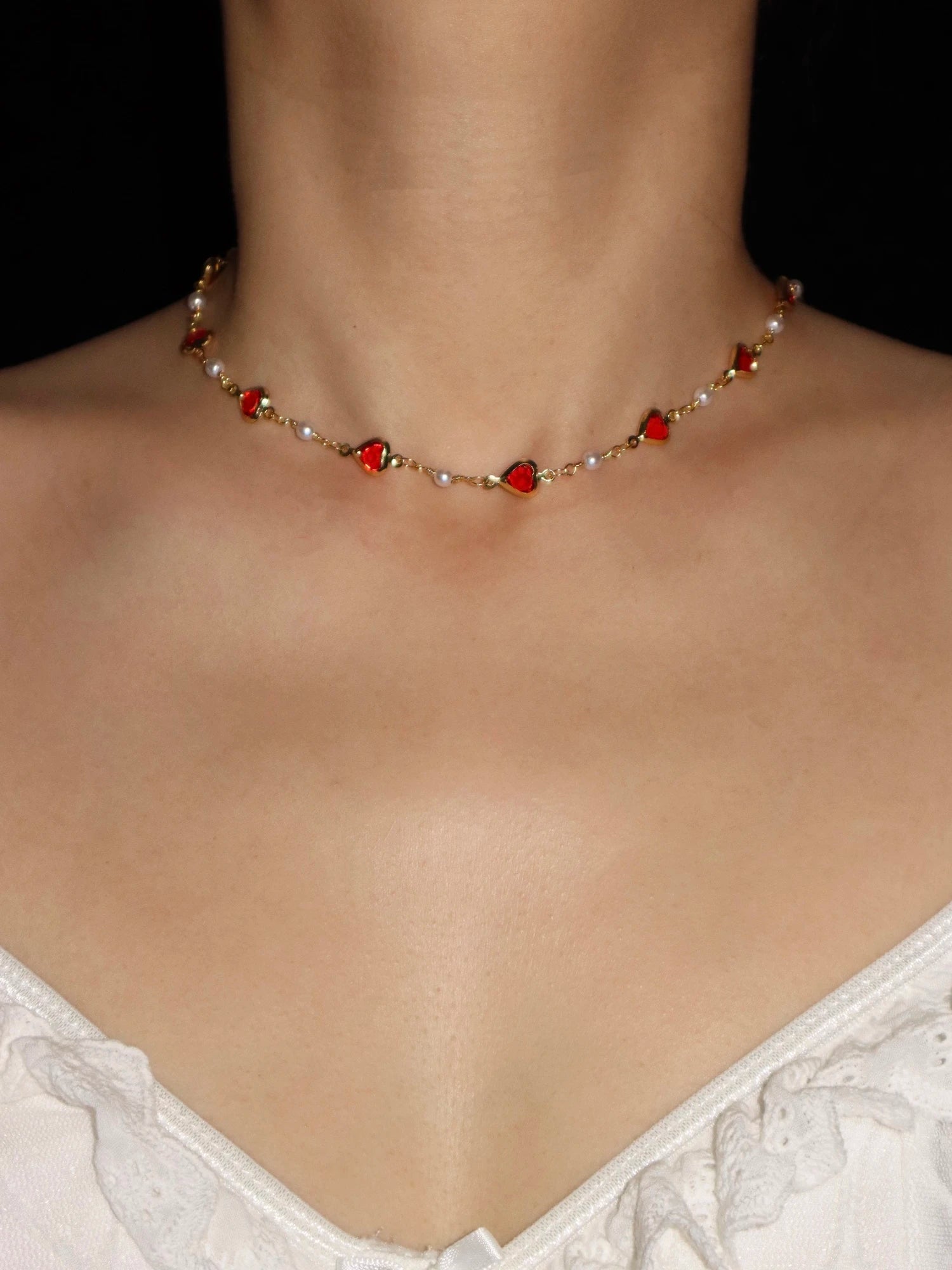 Margaret Red Hearts Pearl Chain Neckalce