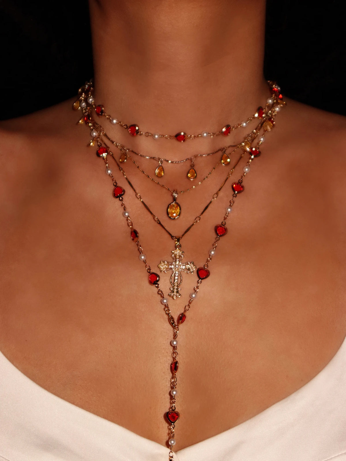 Margaret Red Hearts Pearl Chain Necklace