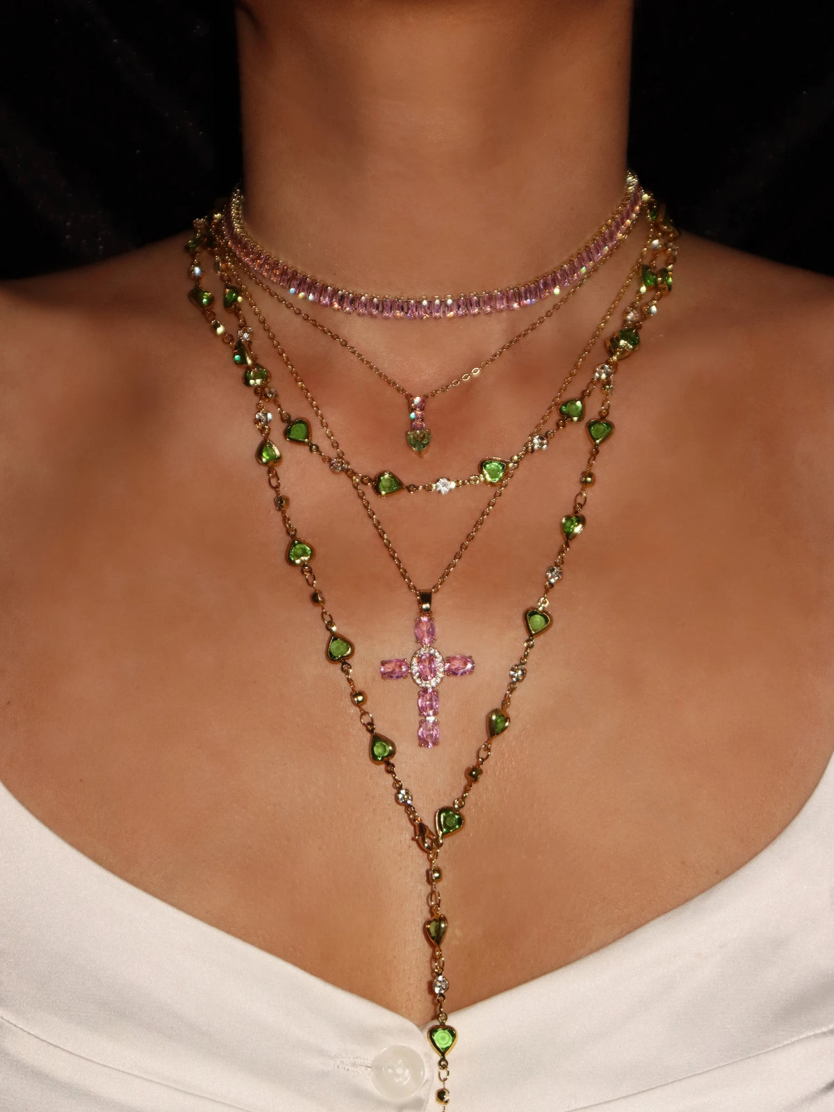 Teresa Pink Crystal Green Heart Necklace