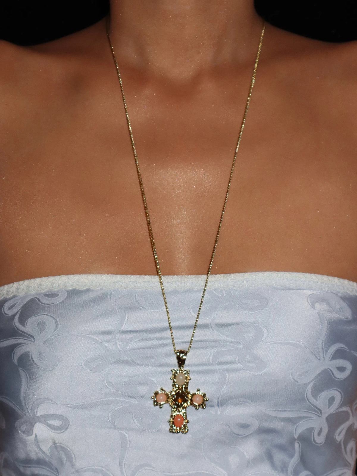 Cassie Natural Stones Cross Long Necklace
