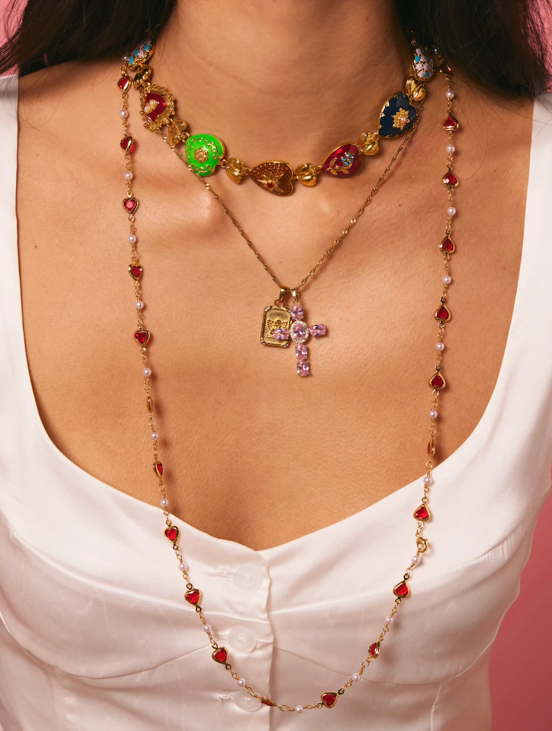 Elvira Pink Cross Necklace