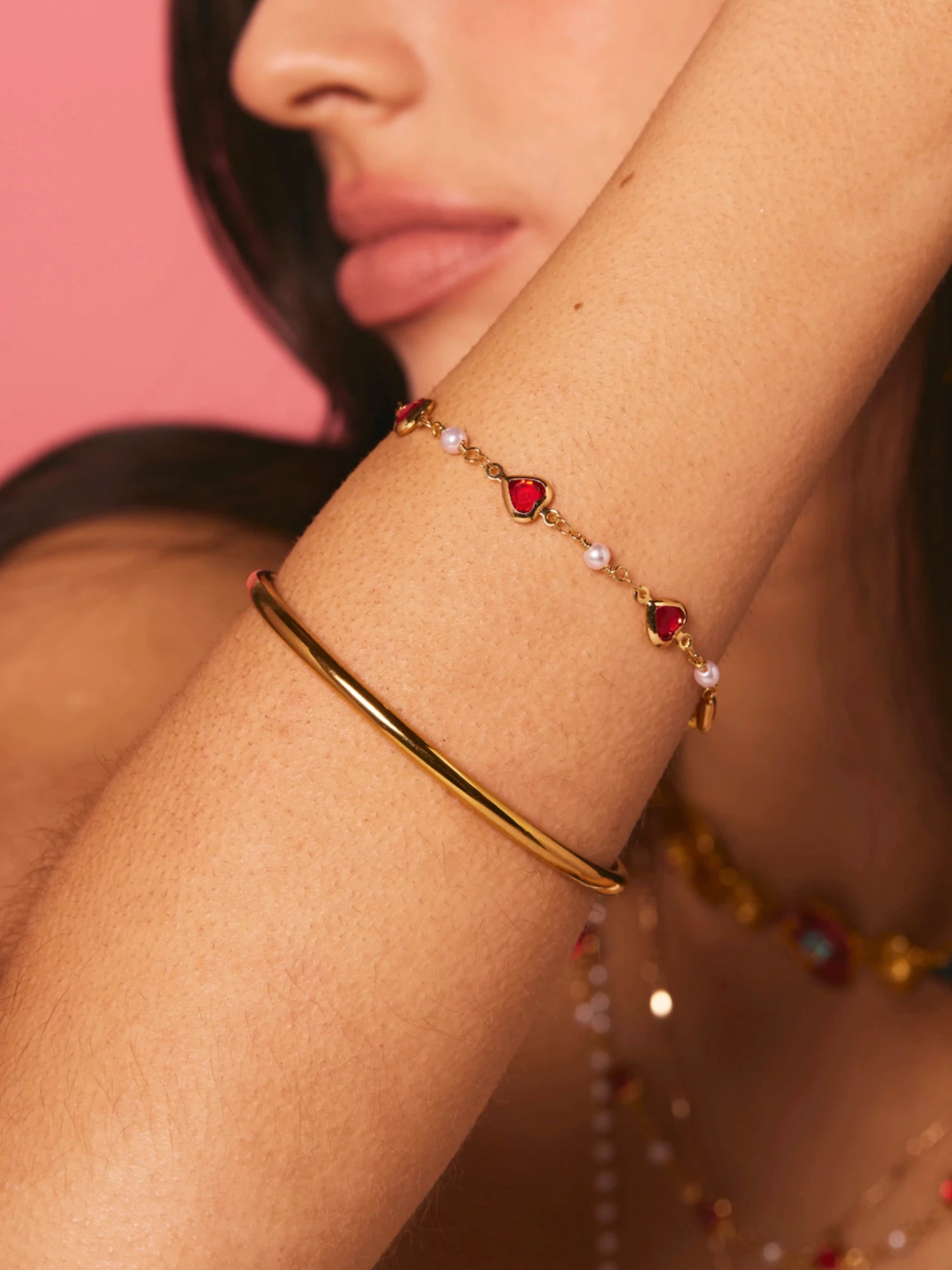 (Free On Orders $80+)Margaret Red Hearts Pearl Bracelet - Kuri Jewelry