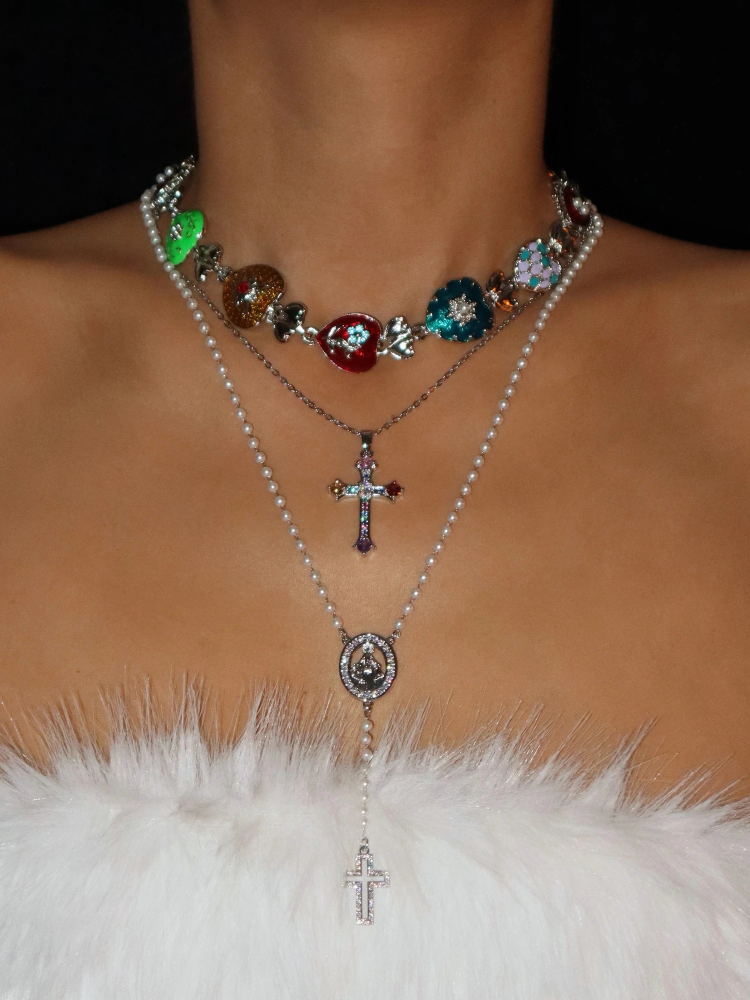 Grace Pearl Cross Silver Lariat Necklace - Kuri Jewelry