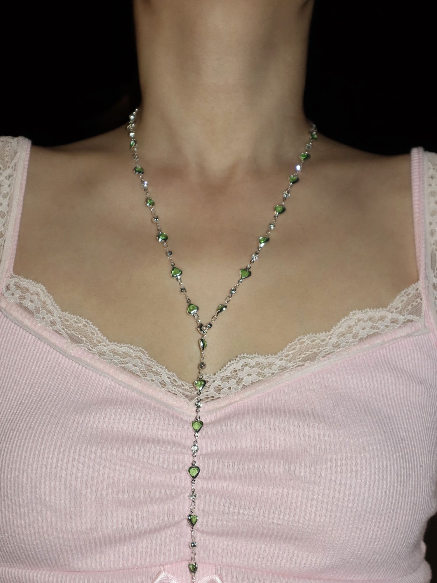 Margaret Green Hearts Long Necklace - Kuri Jewelry