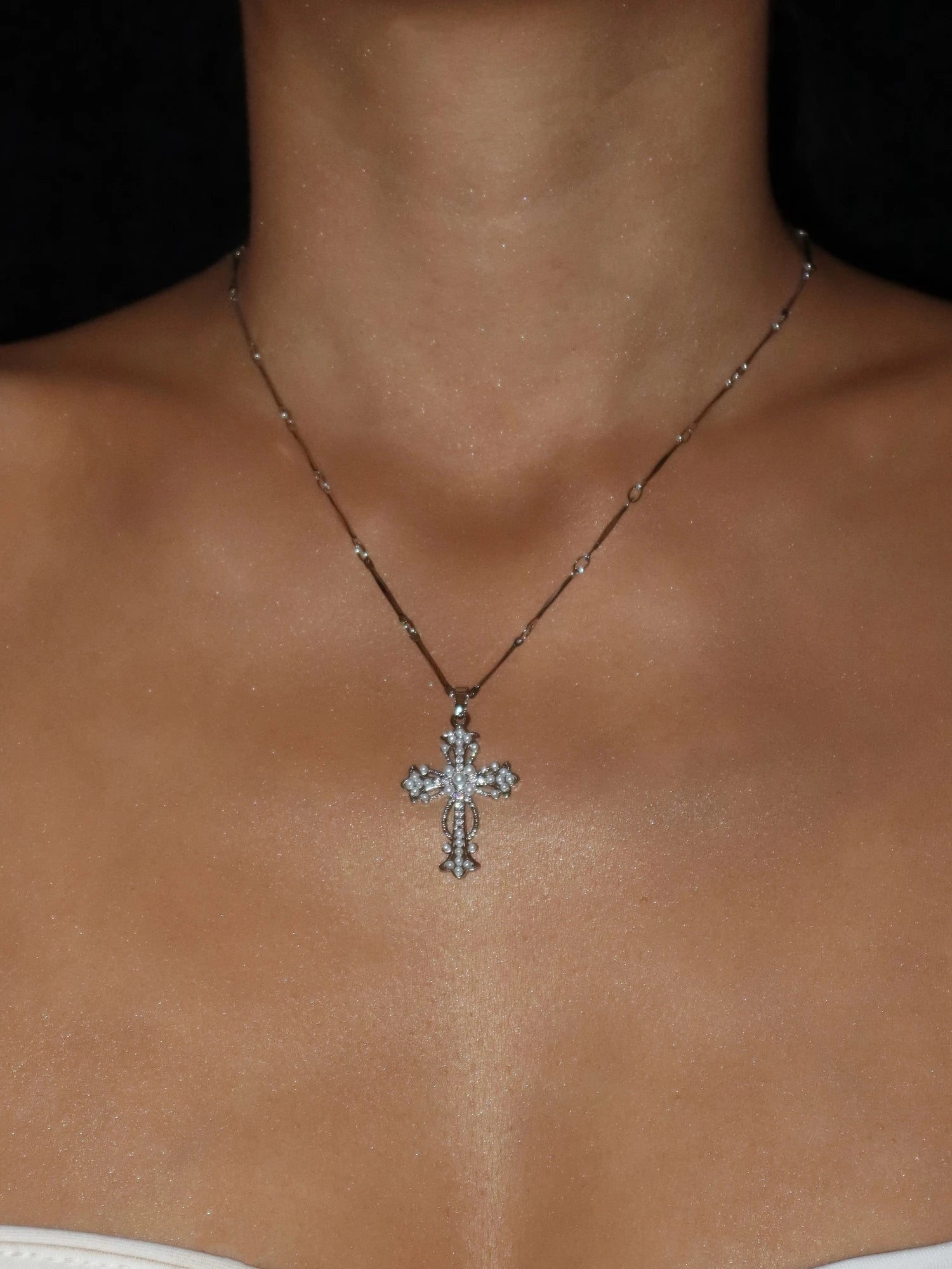 Silvia Gold Pearl Cross Silver Necklace - Kuri Jewelry