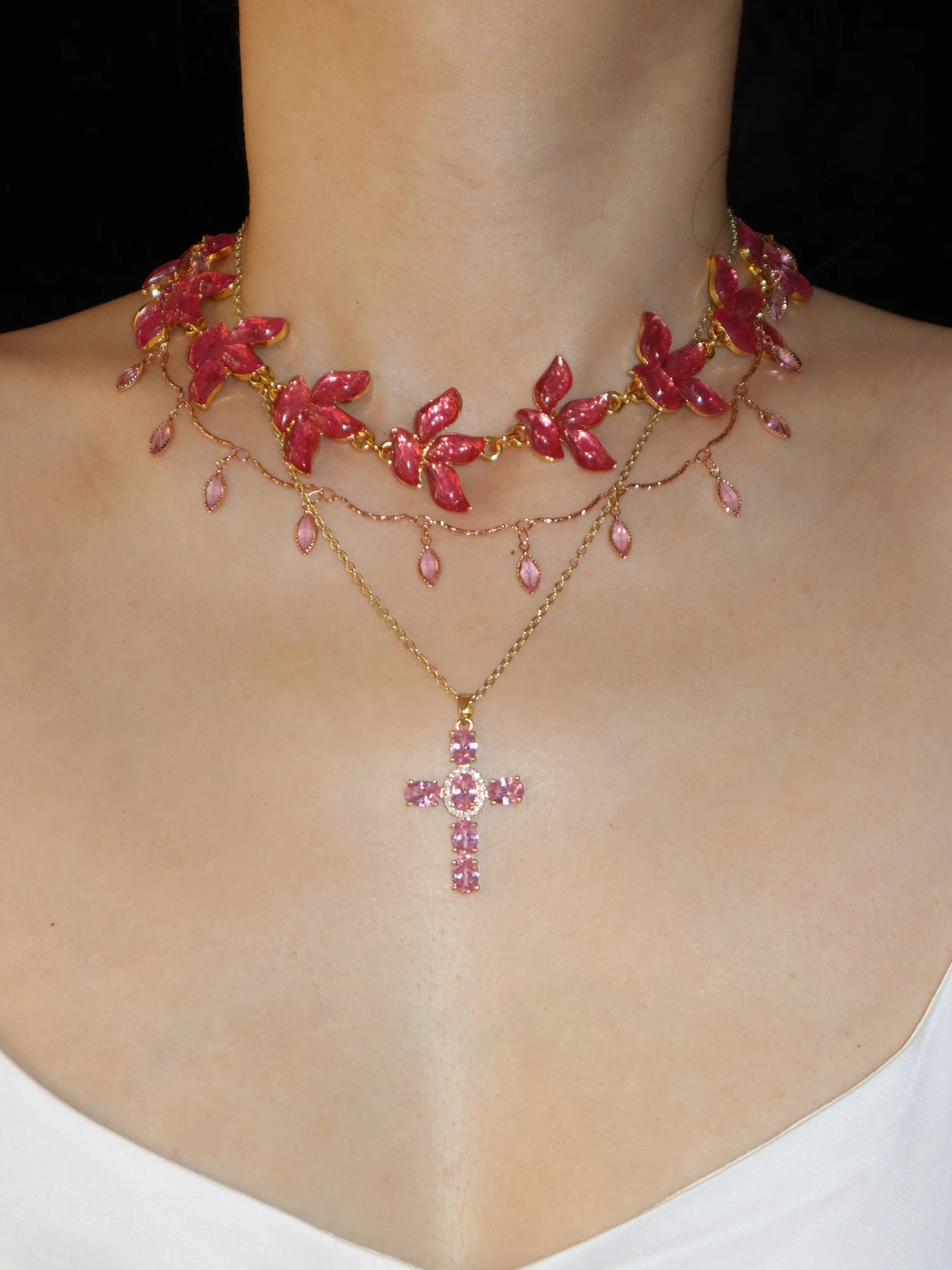 Elvira Pink Cross Necklace - Kuri Jewelry