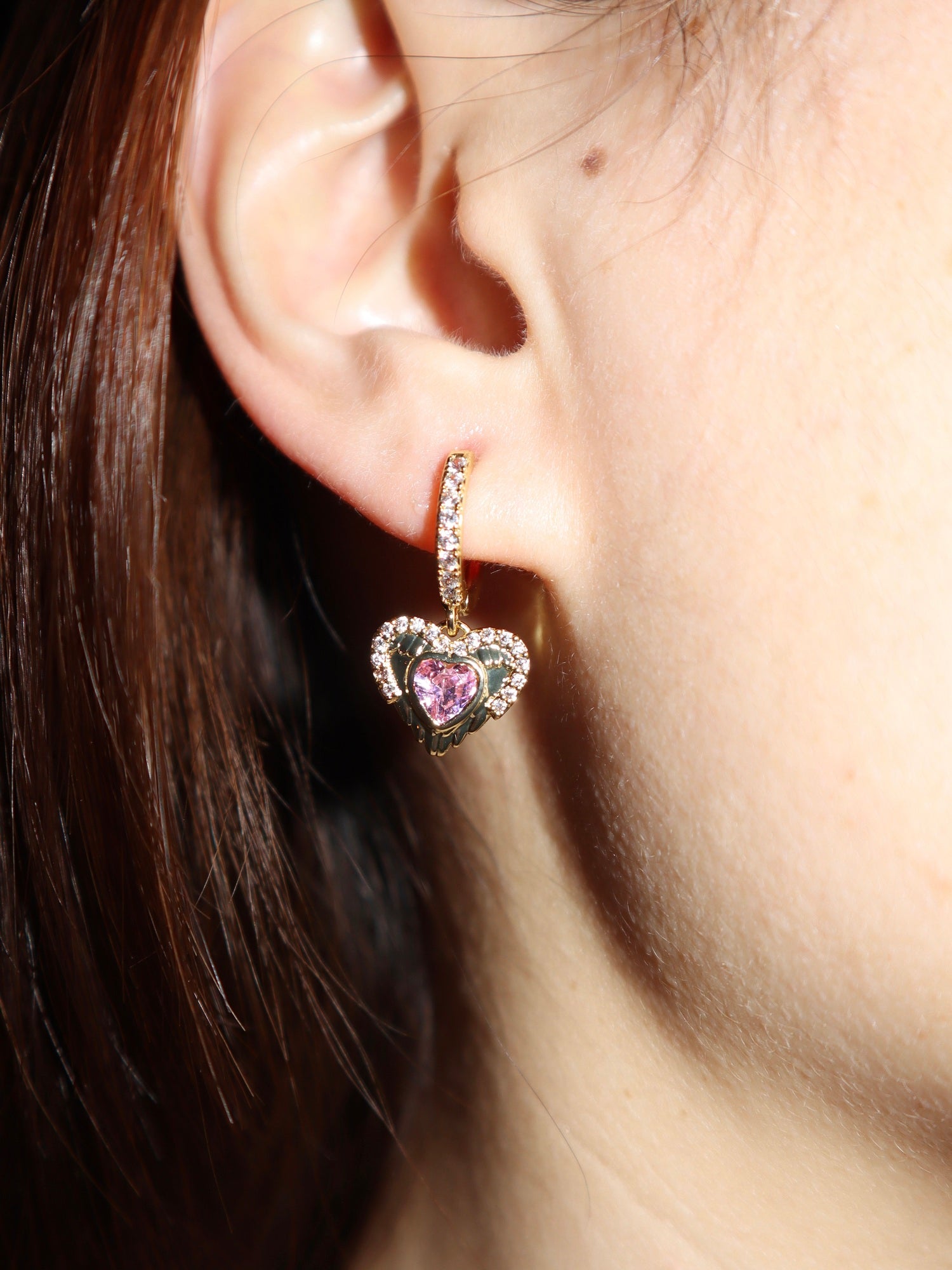 Pink Heart Angel Wing Golden Earrings - Kuri Jewelry