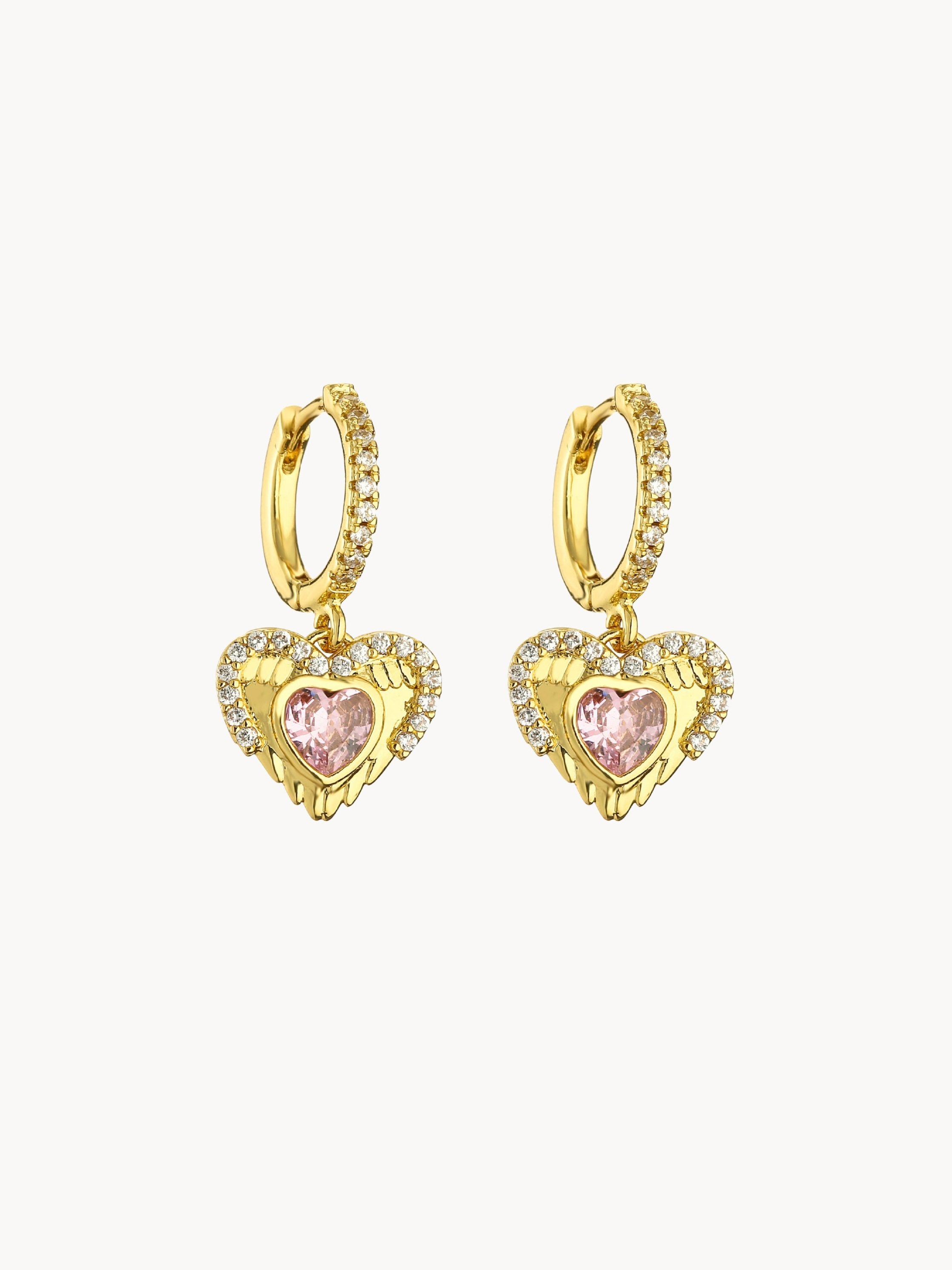 Pink Heart Angel Wing Golden Earrings - Kuri Jewelry