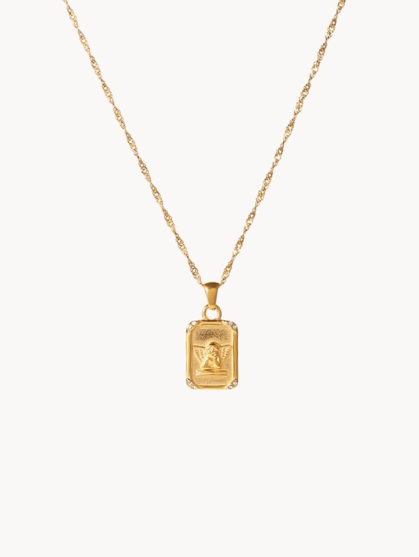 Square Embossed Angel Necklace - Kuri Jewelry
