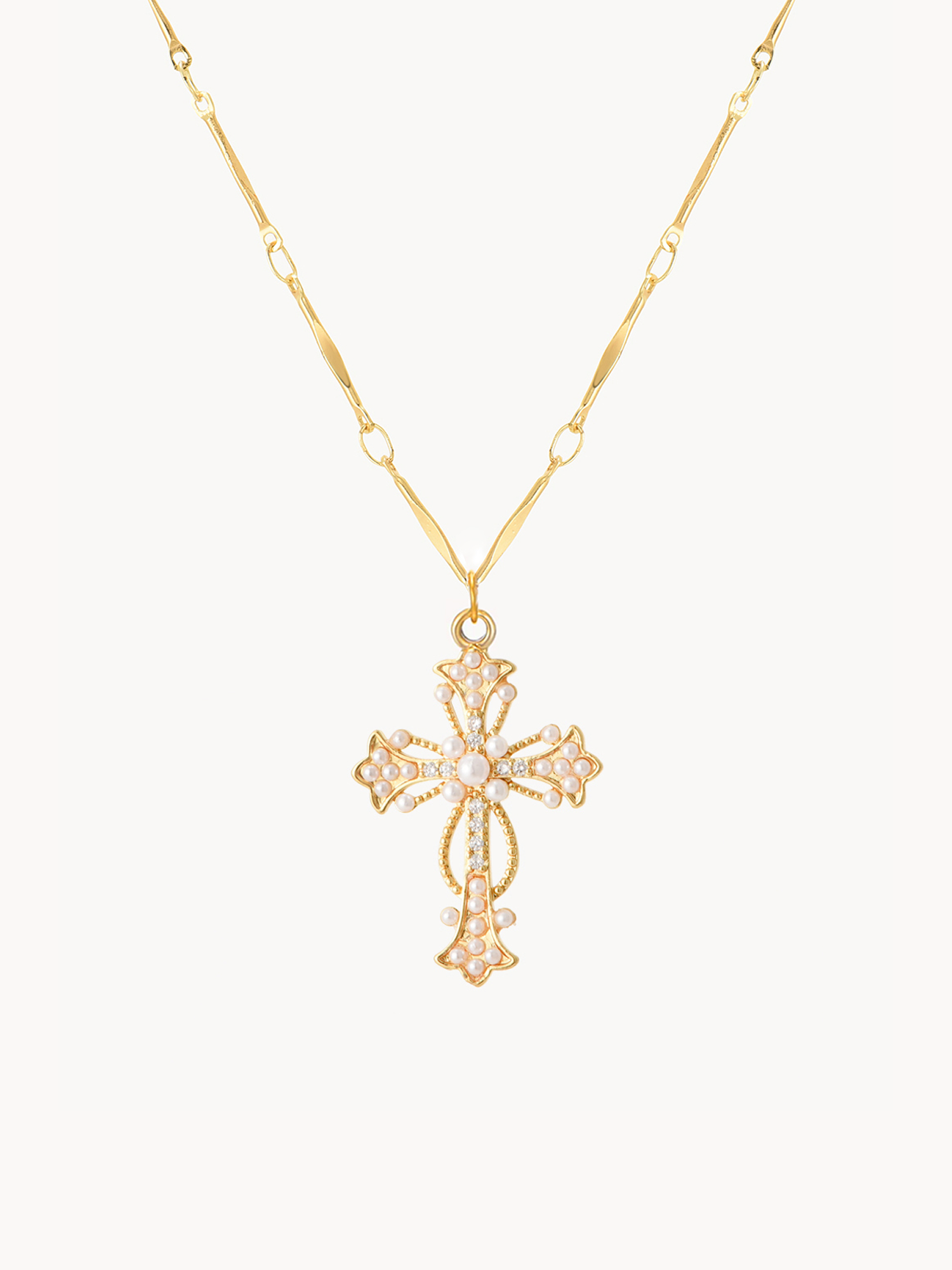Silvia Gold Pearl Cross Necklace | Elegant Minimalist Jewelry – Kuri