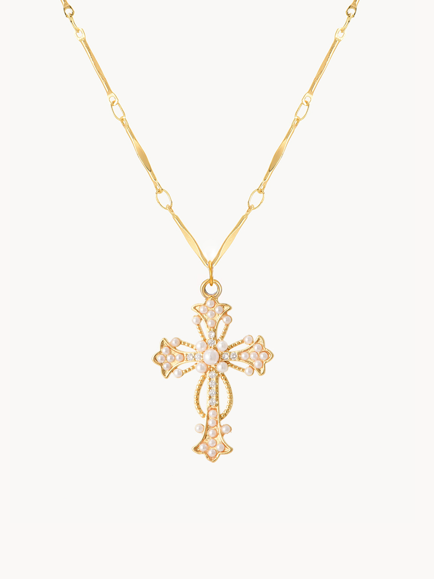Silvia Gold Pearl Cross Necklace | Elegant Minimalist Jewelry – Kuri
