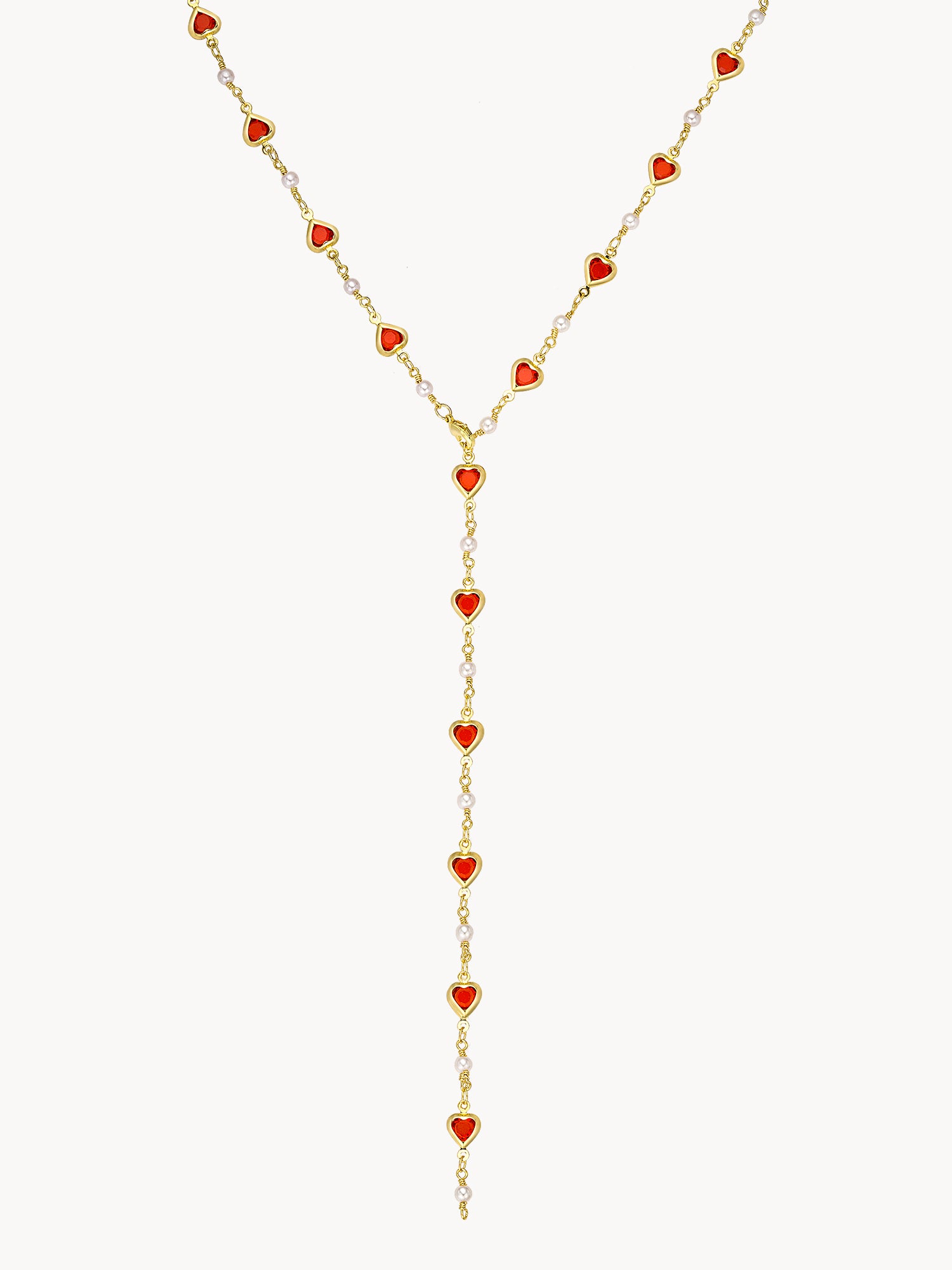 Margaret Red Hearts Pearl Long Chain Neckalce