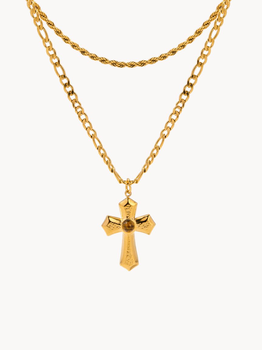 Joanna Tiger's Eye Layered Cross Necklace - Kuri Jewelry