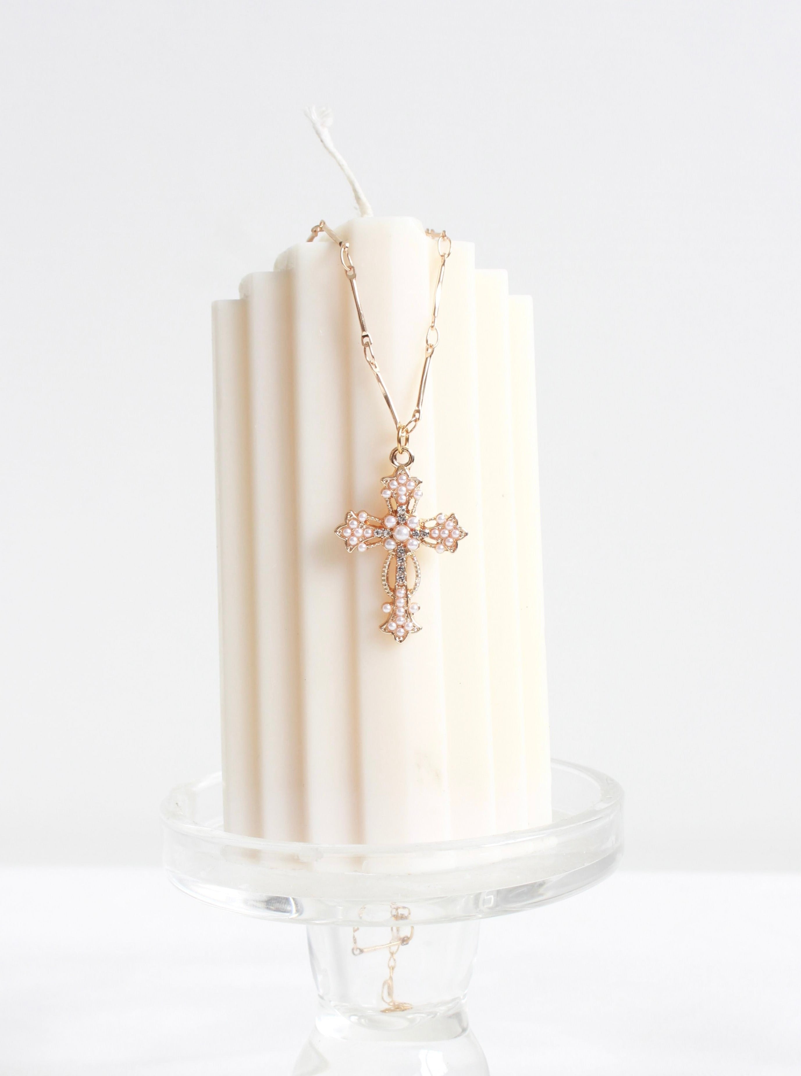 Silvia Gold Pearl Cross Necklace