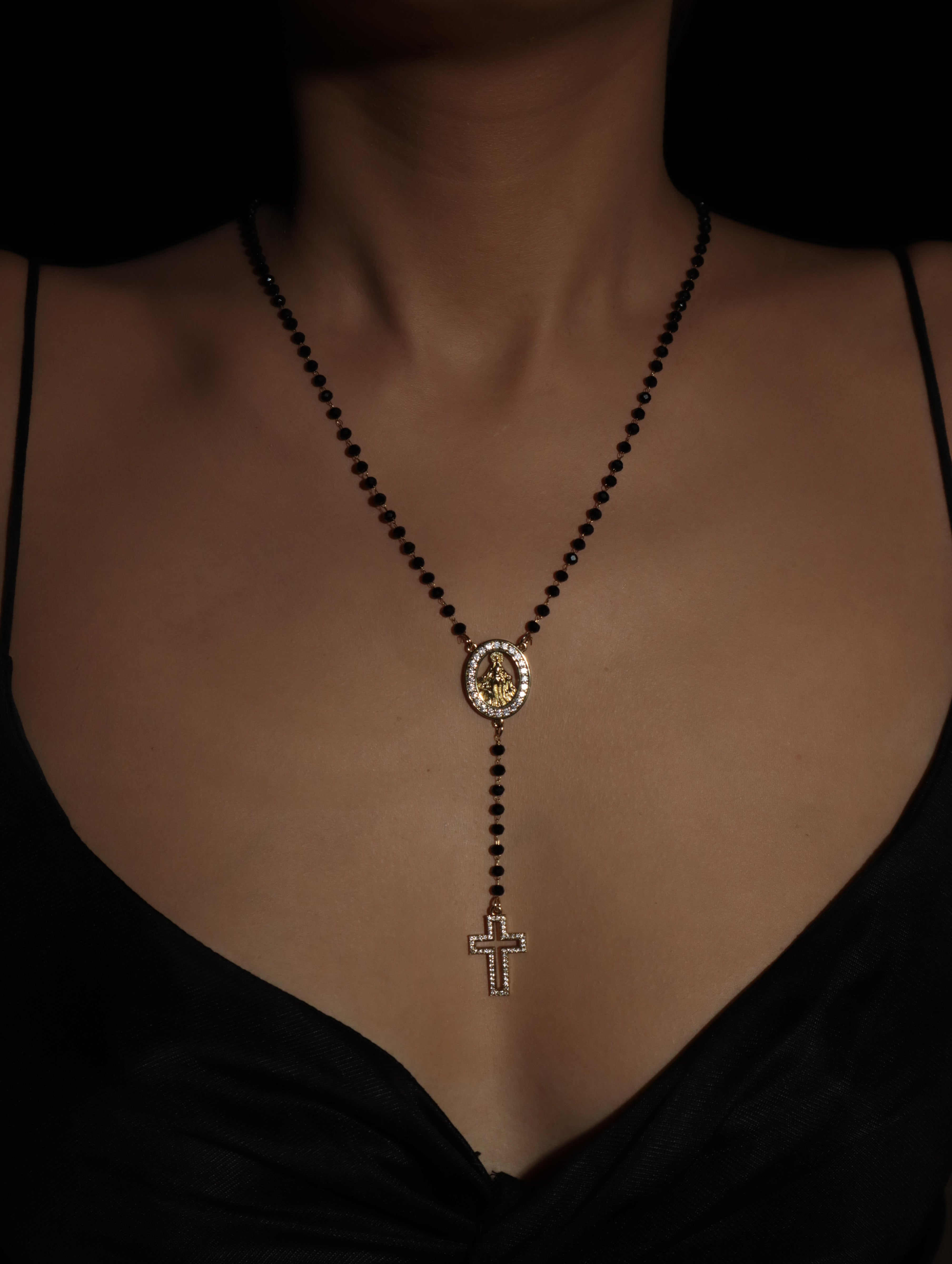 Grace Black Beaded Rosary Cross Lariat Necklace