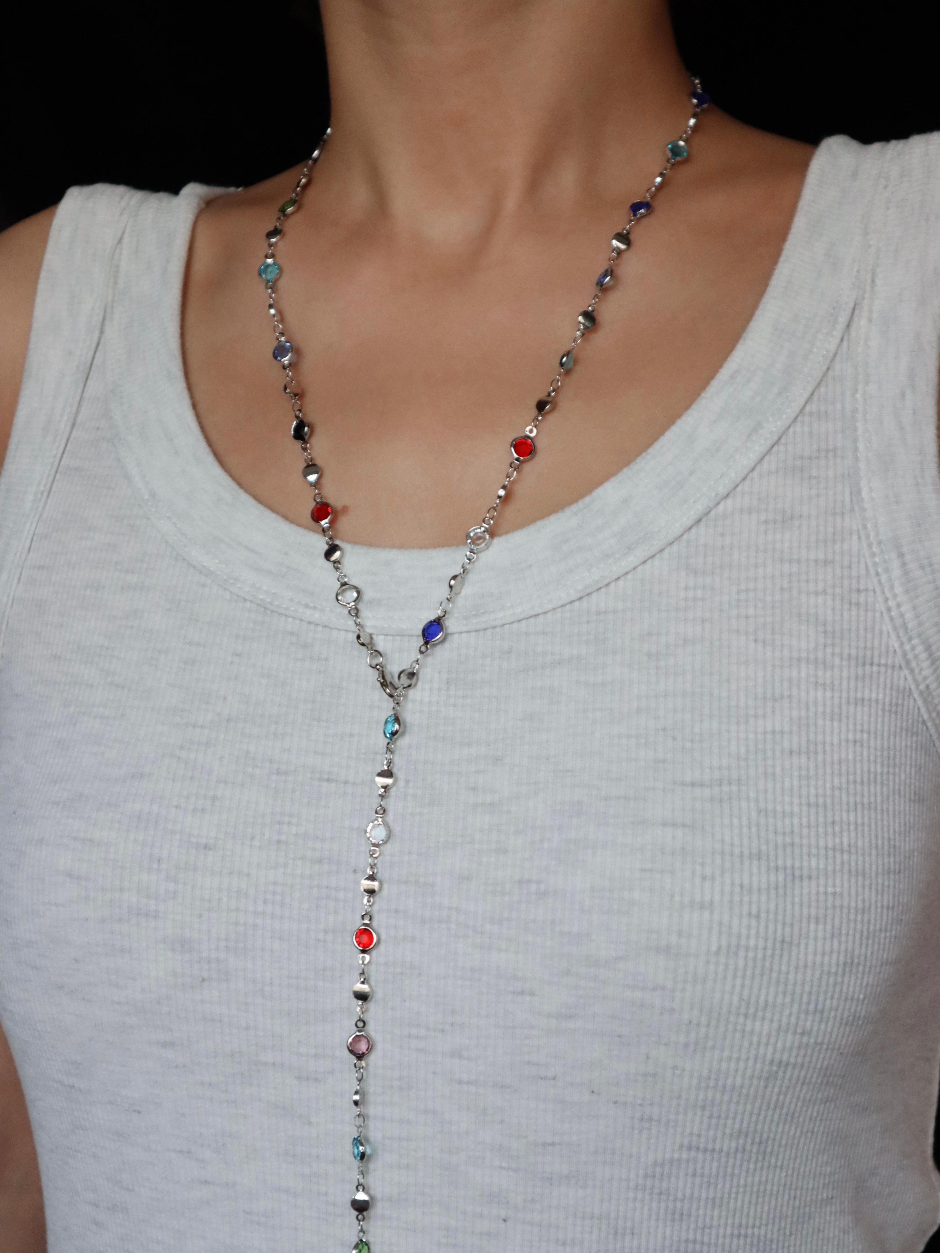 Jolie Colorful Lariat Necklace in Silver