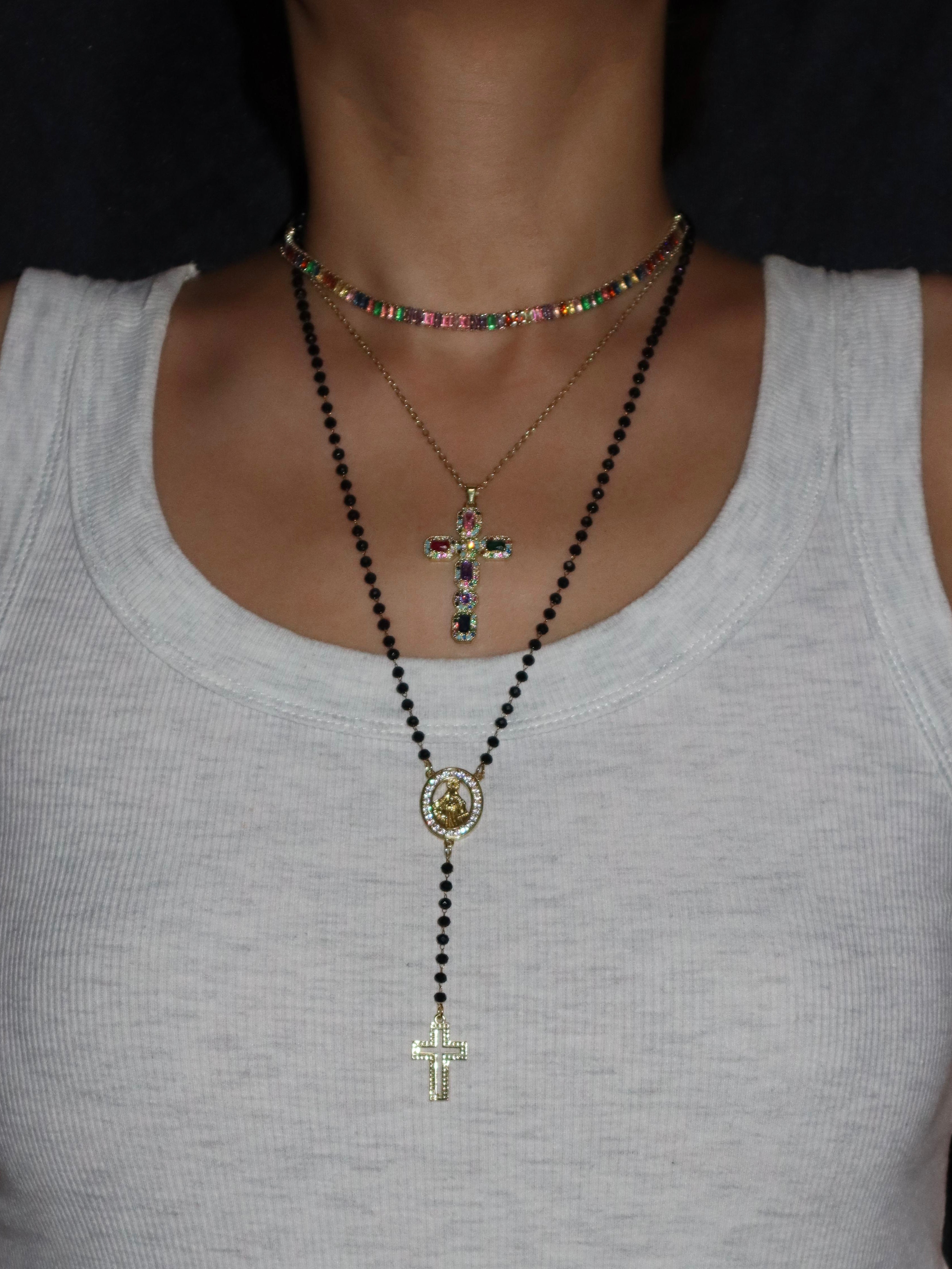 Grace Black Beaded Rosary Cross Lariat Necklace