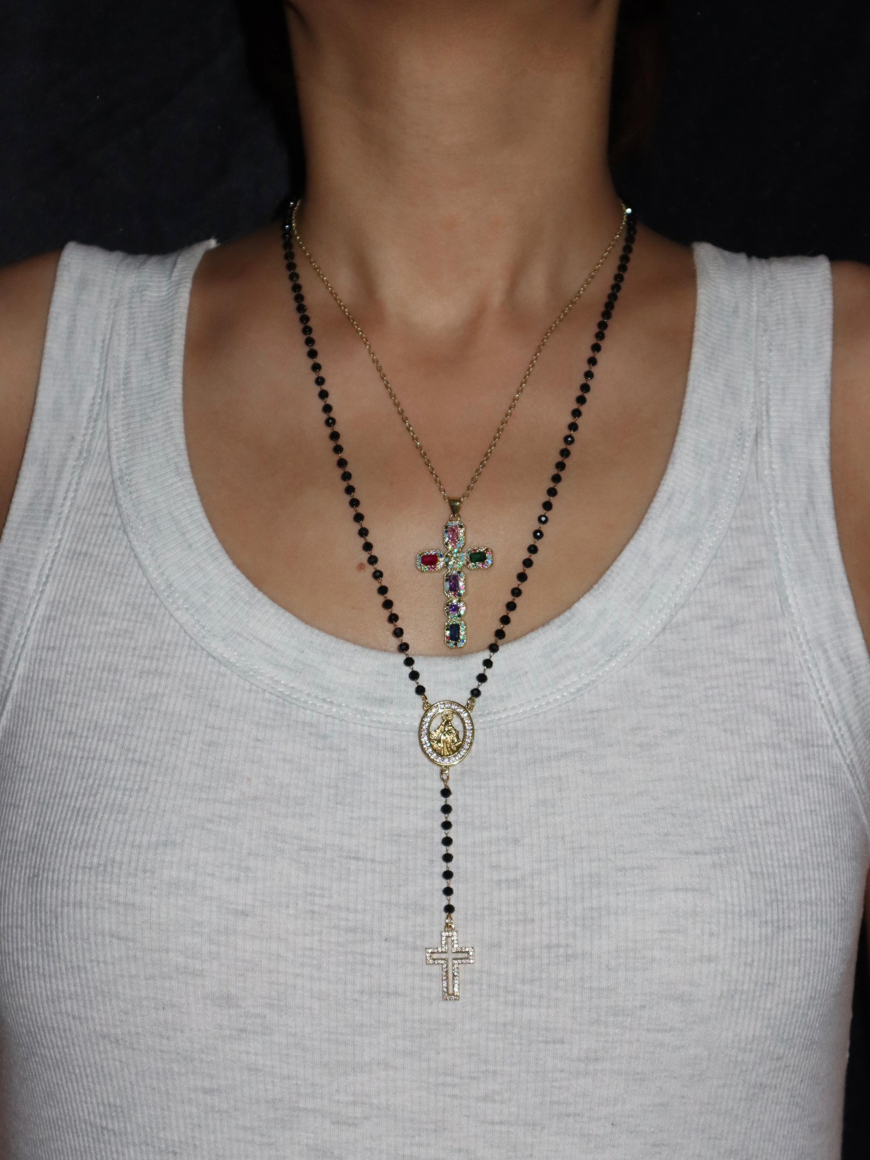 Grace Black Beaded Rosary Cross Lariat Necklace