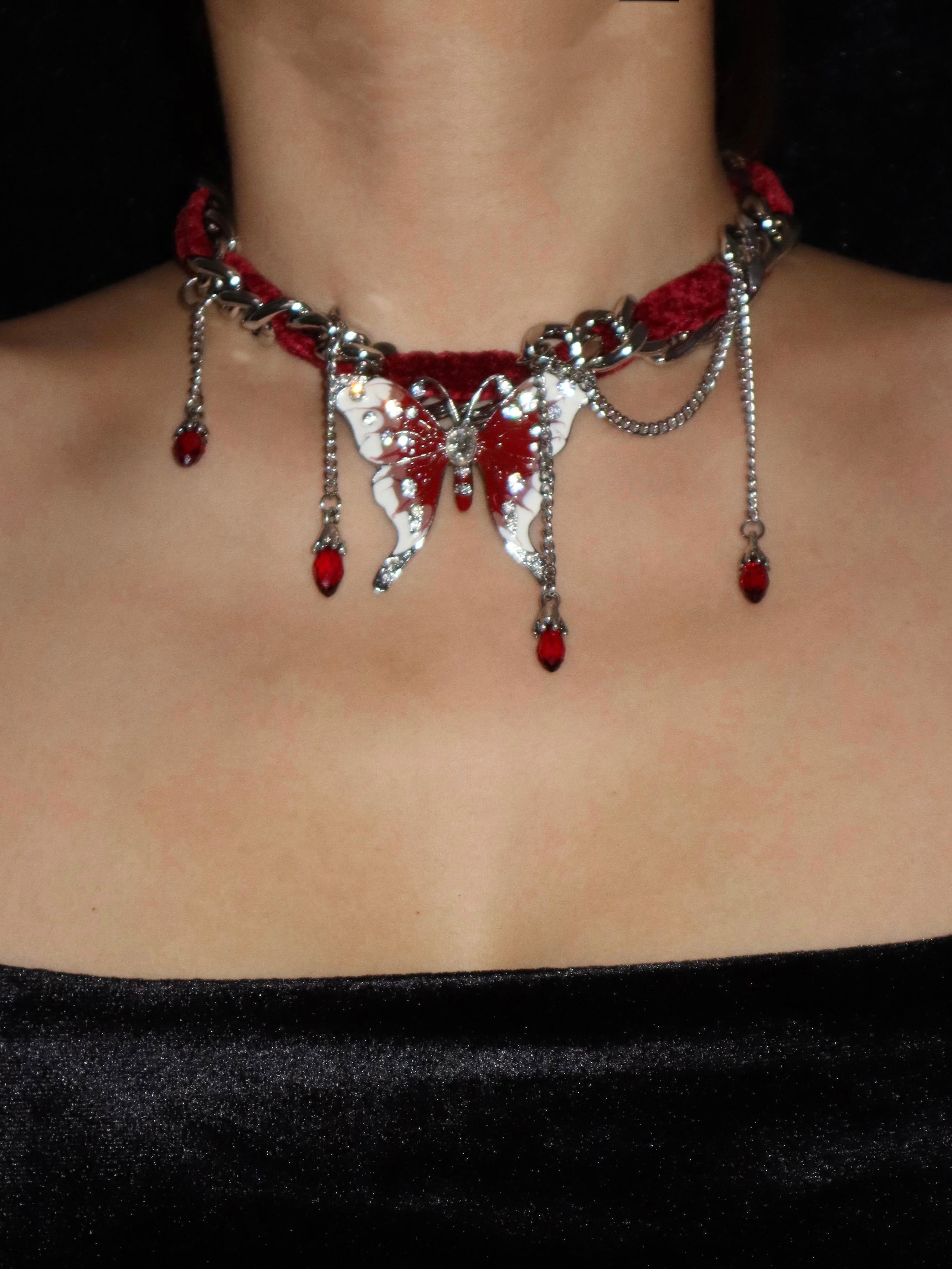 Sofia Butterfly Red Velvet Choker Necklace