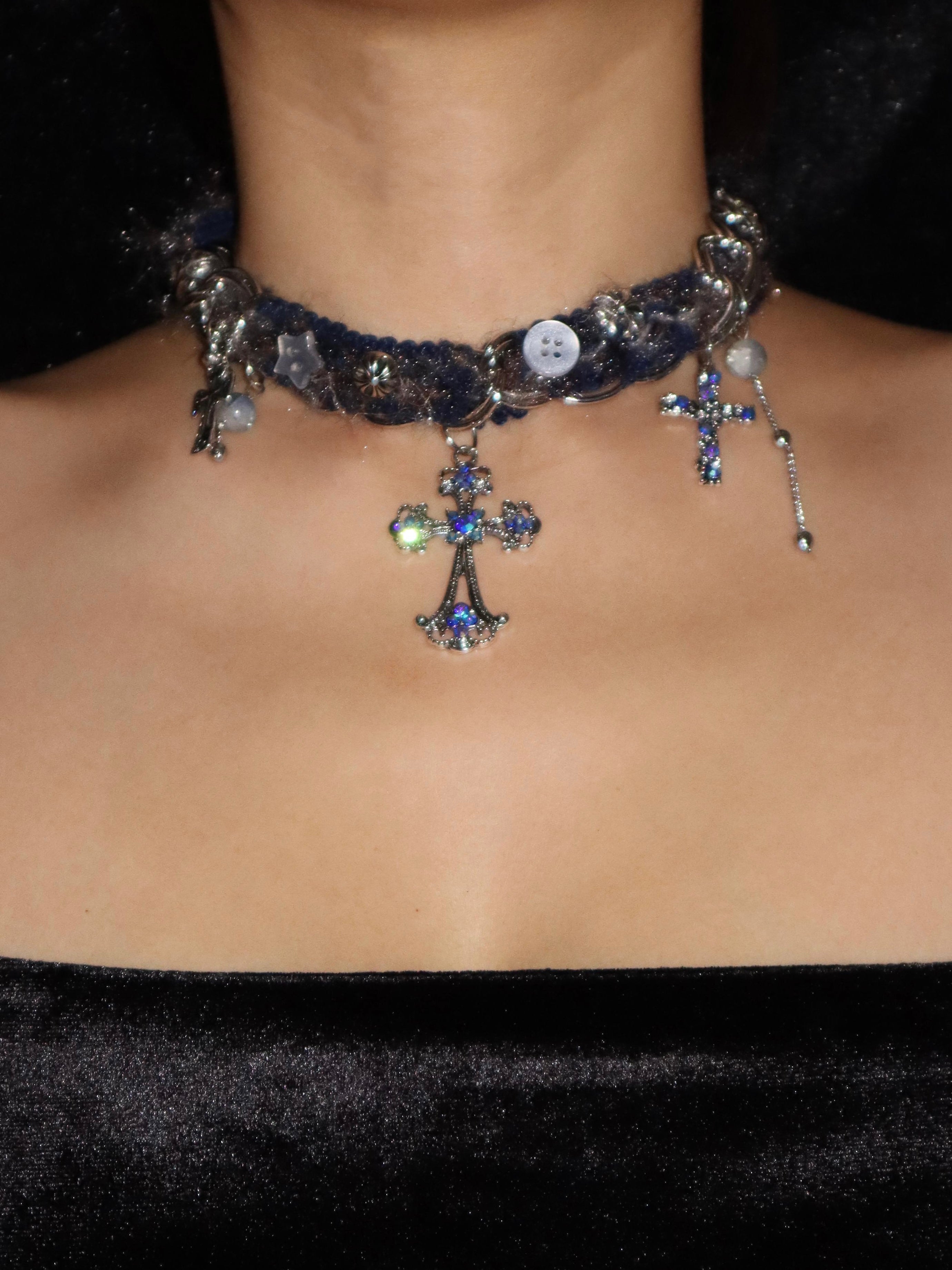 Goth Blue Cross Choker Necklace