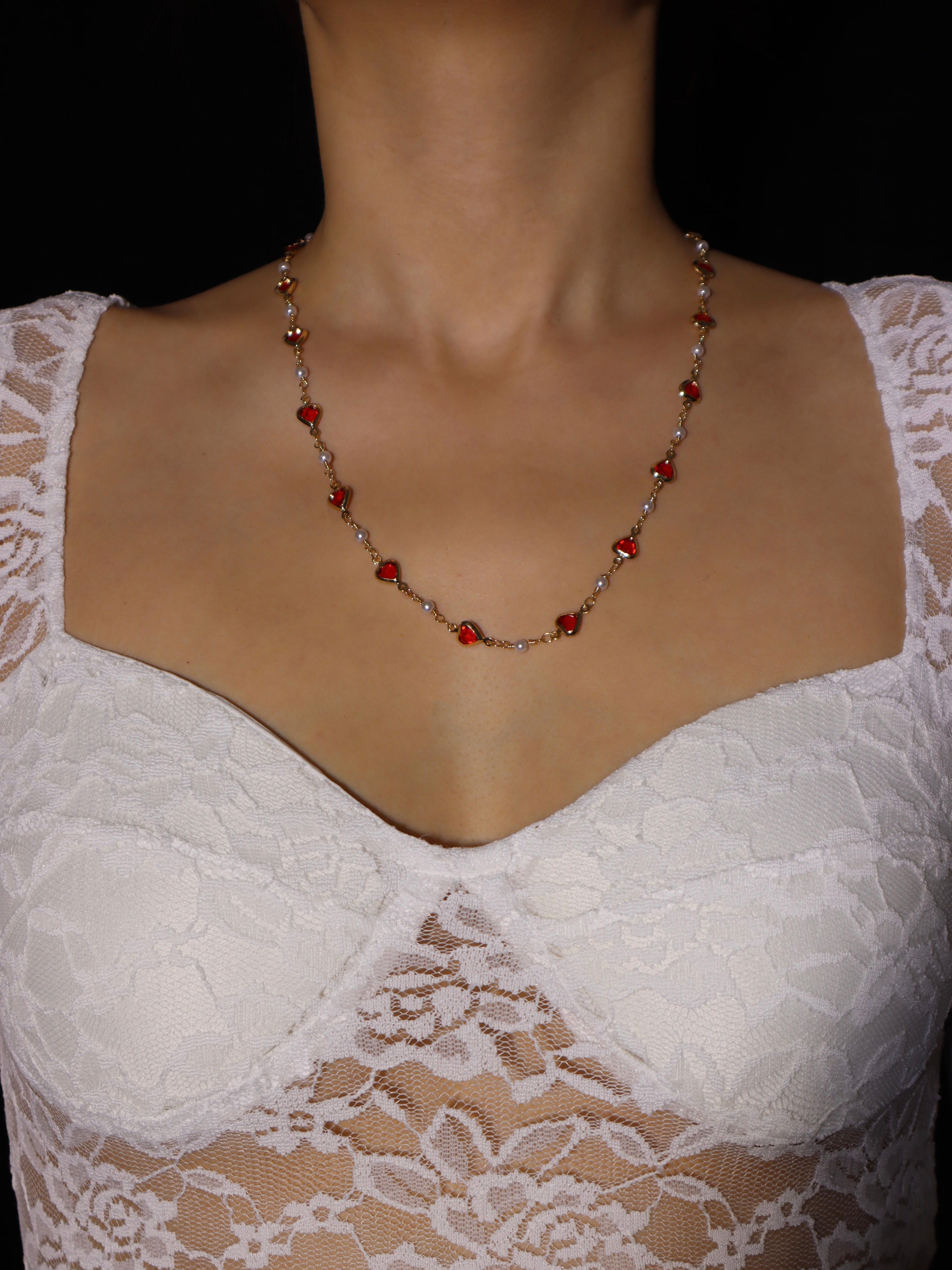 Margaret Red Hearts Pearl Neckalce