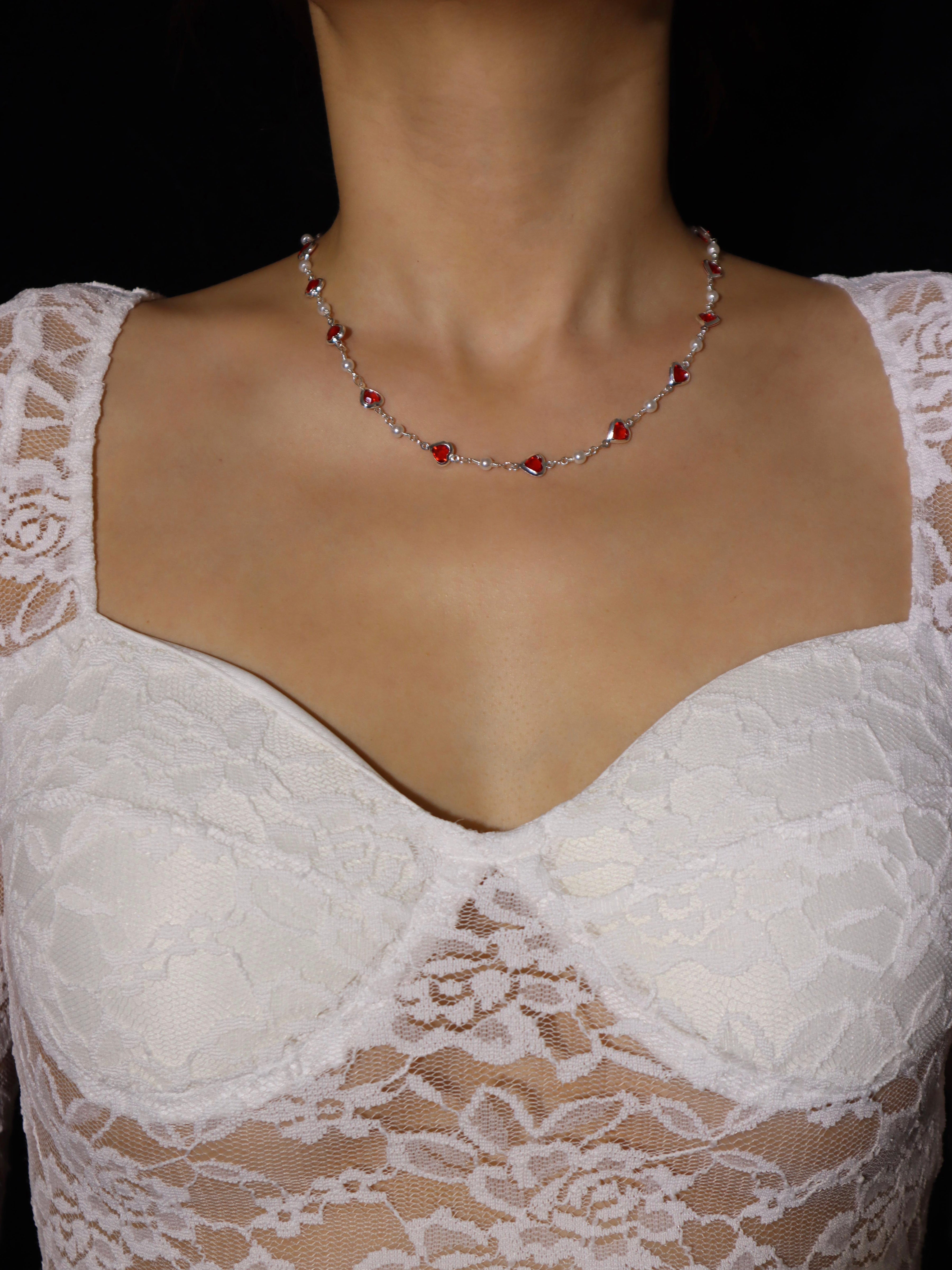 Margaret Red Hearts Pearl Neckalce