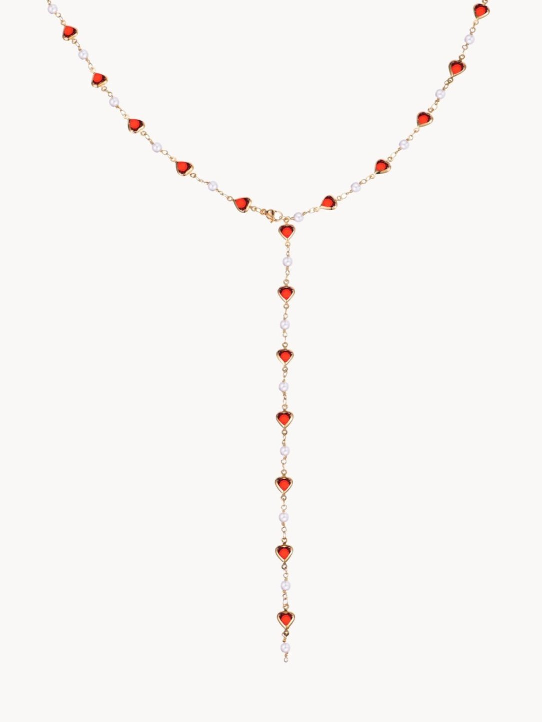 Margaret Red Hearts Pearl Long Chain Neckalce