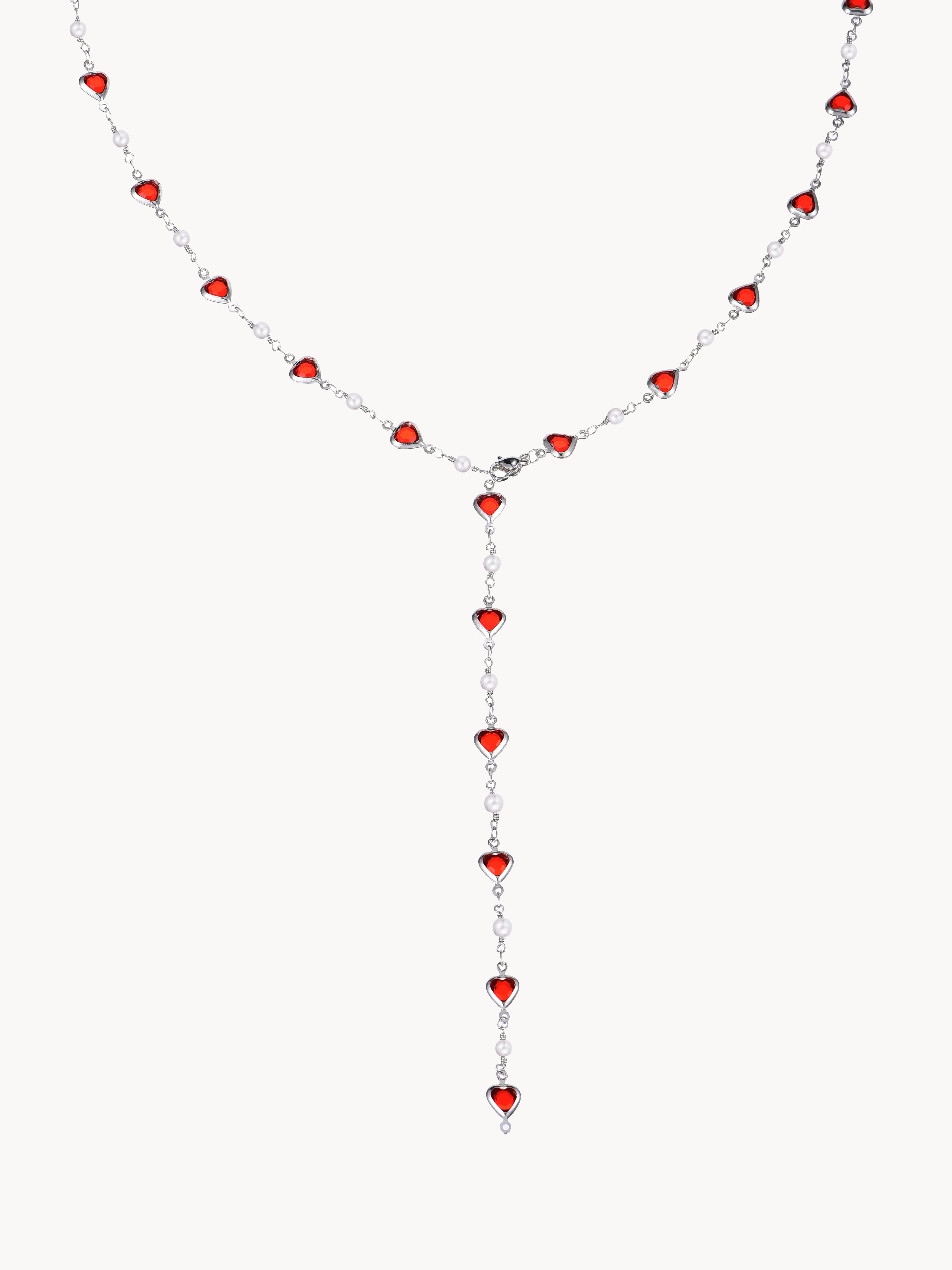 Margaret Red Hearts Pearl Long Chain Silver Necklace