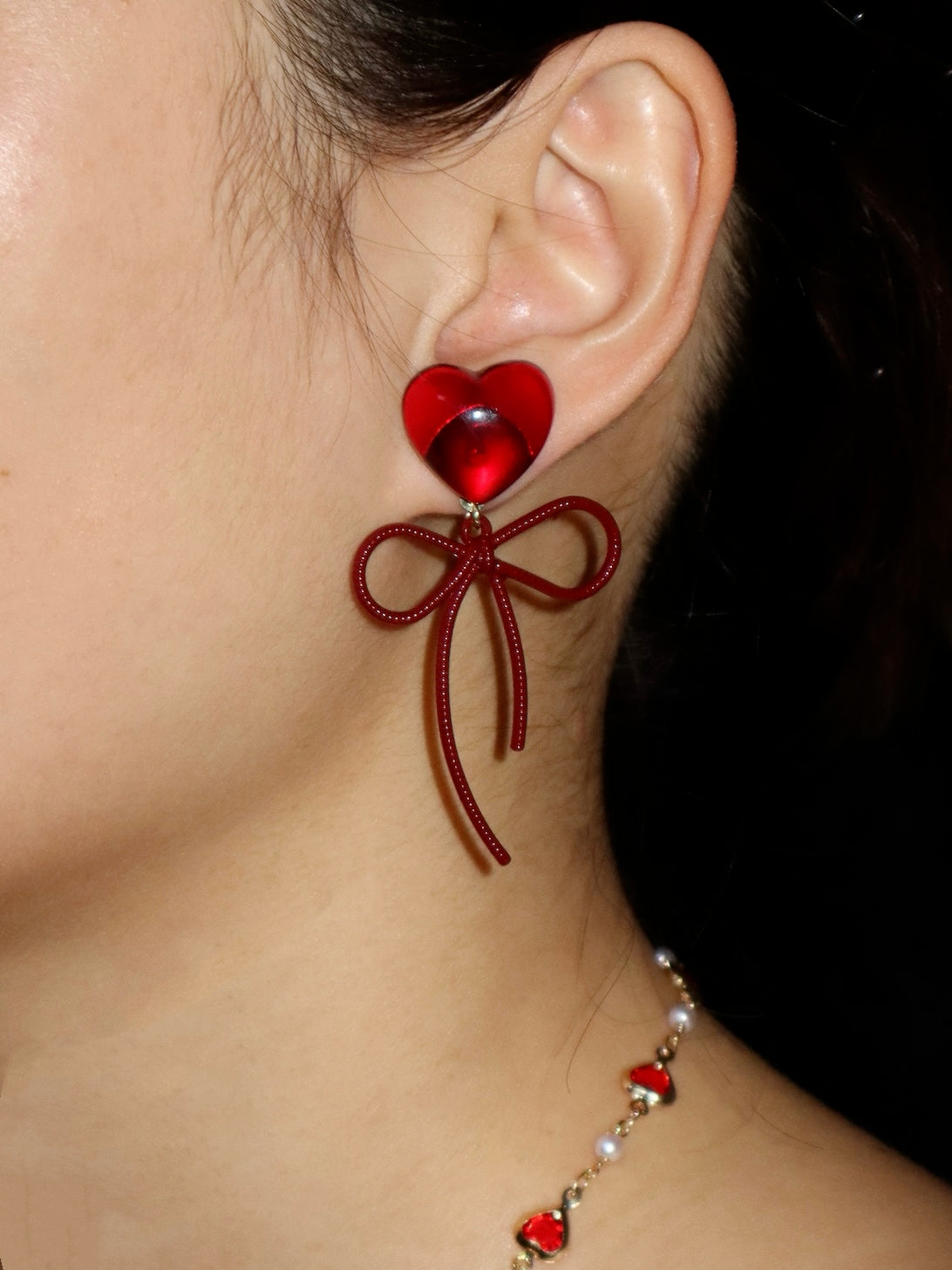 Adela Red Ribbon & Heart Earrings III