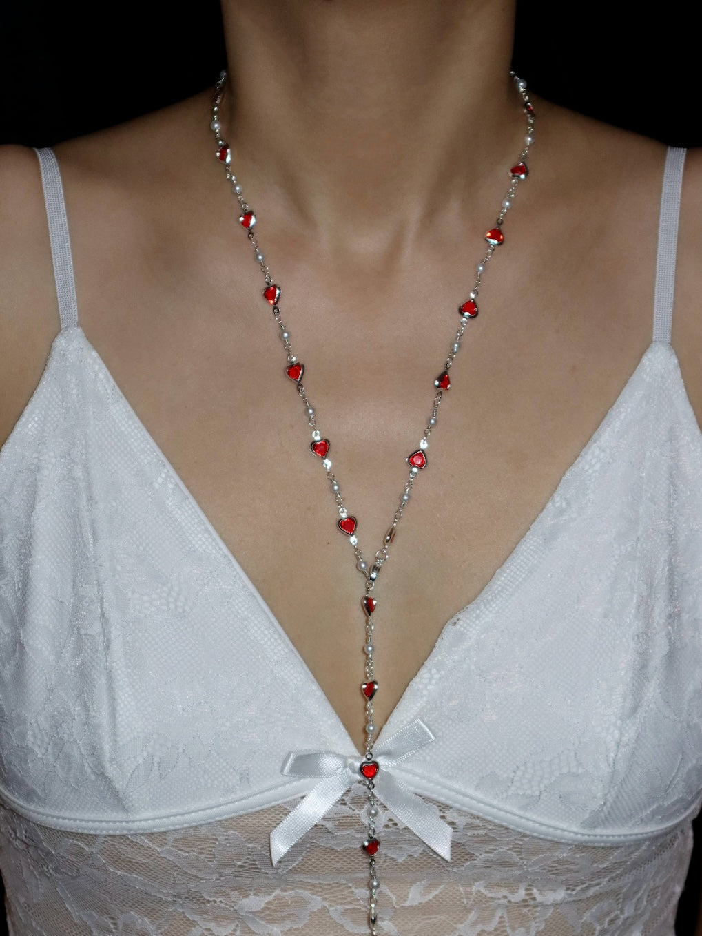 Margaret Red Hearts Pearl Long Chain Silver Necklace