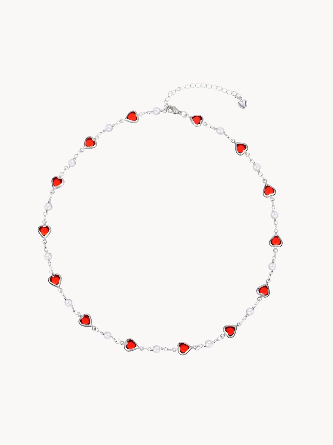 Margaret Red Hearts Pearl Chain Silver Neckalce