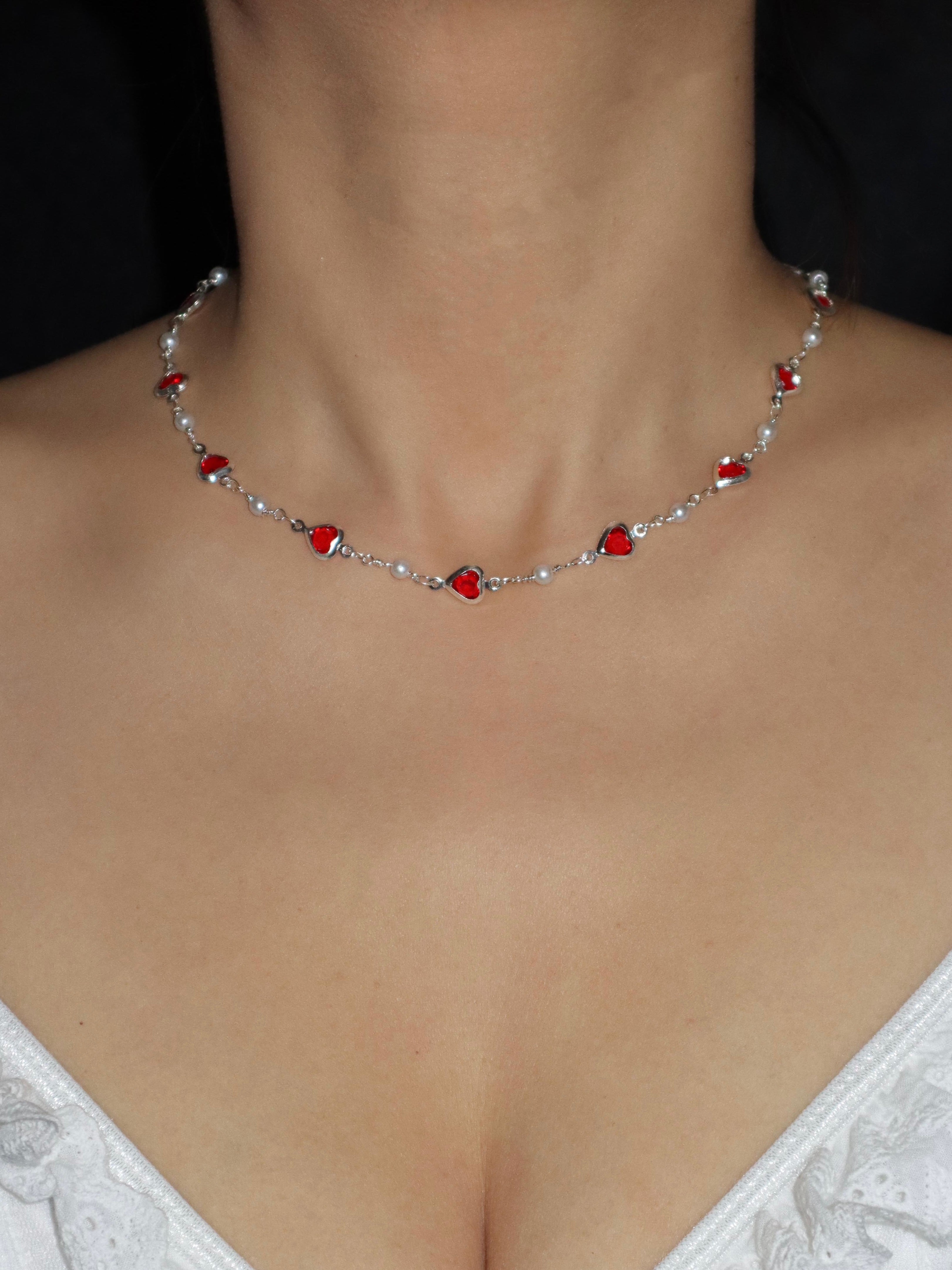 Margaret Red Hearts Pearl Chain Silver Neckalce