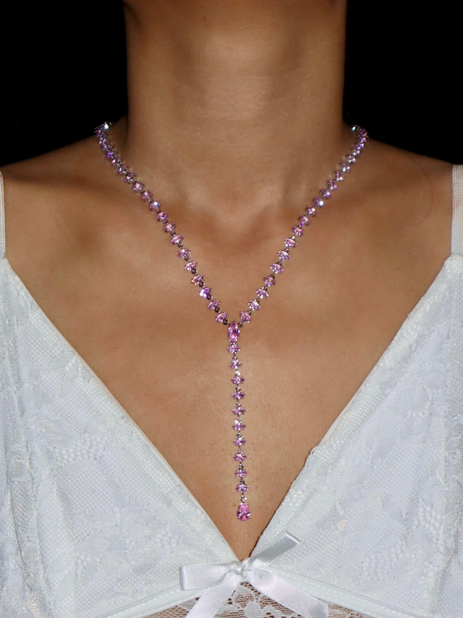 Maxine Pink Crystal Lariat Silver Necklace