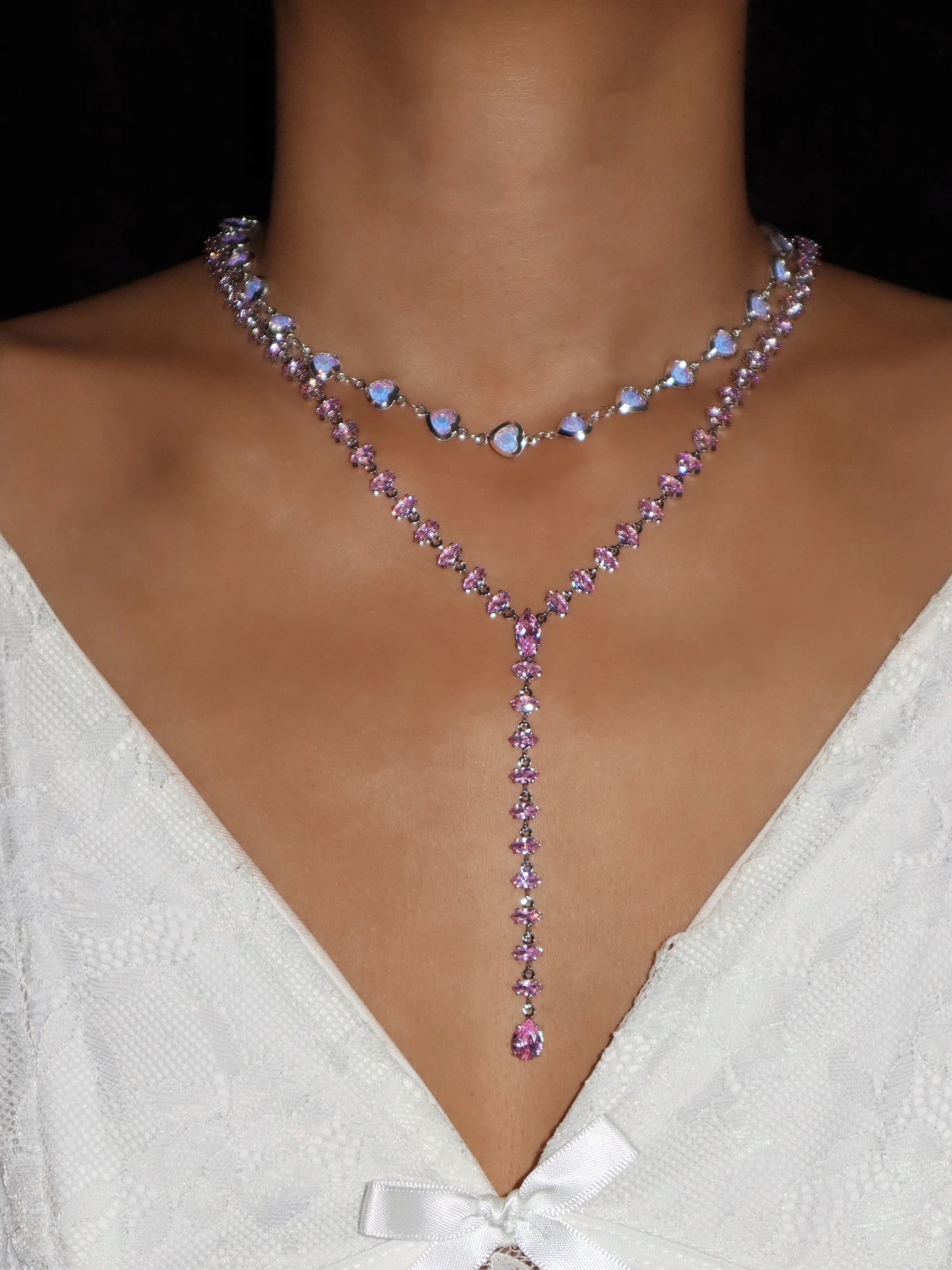 Maxine Pink Crystal Lariat Silver Necklace