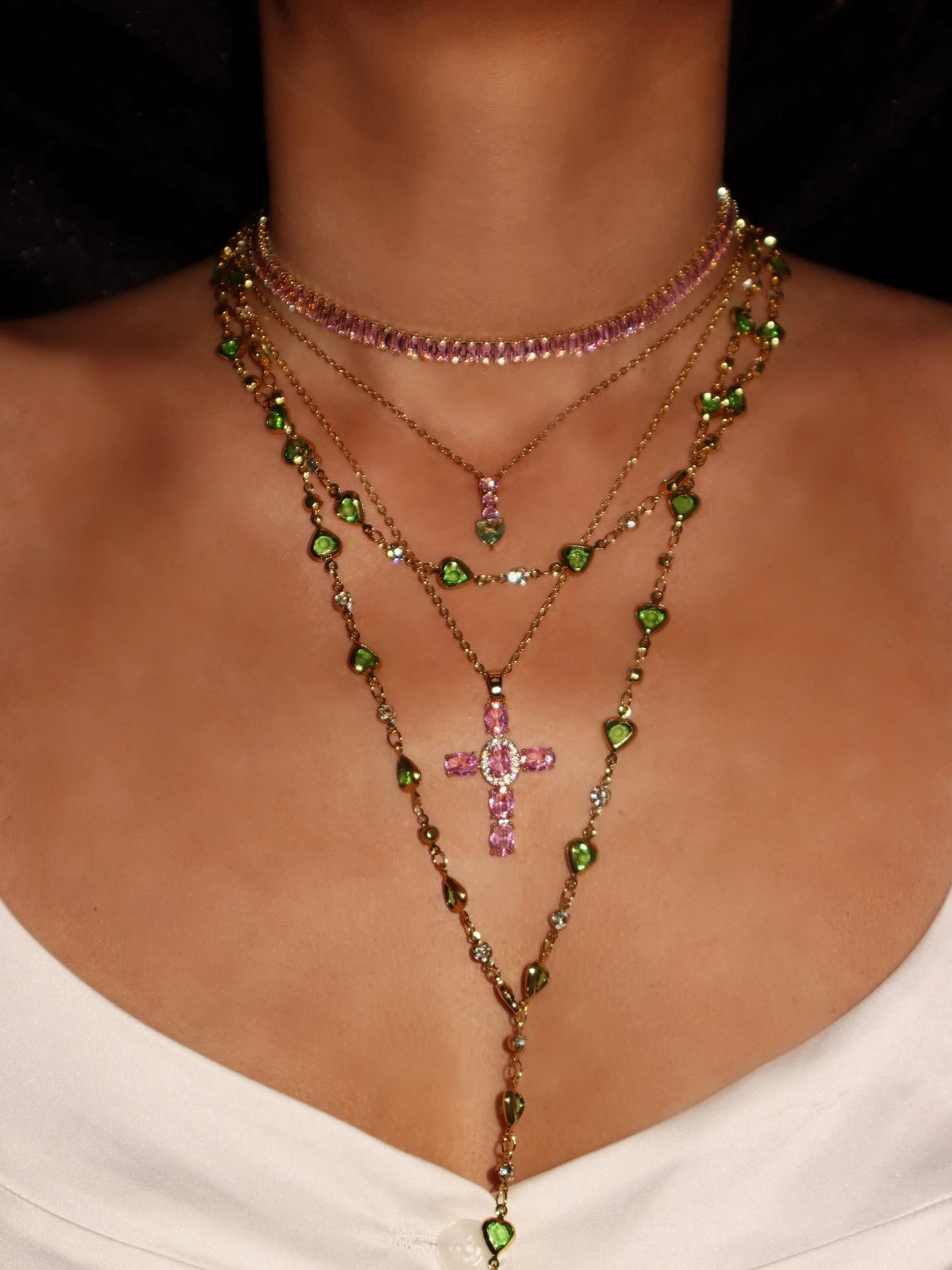 Teresa Pink Crystal Green Heart Necklace