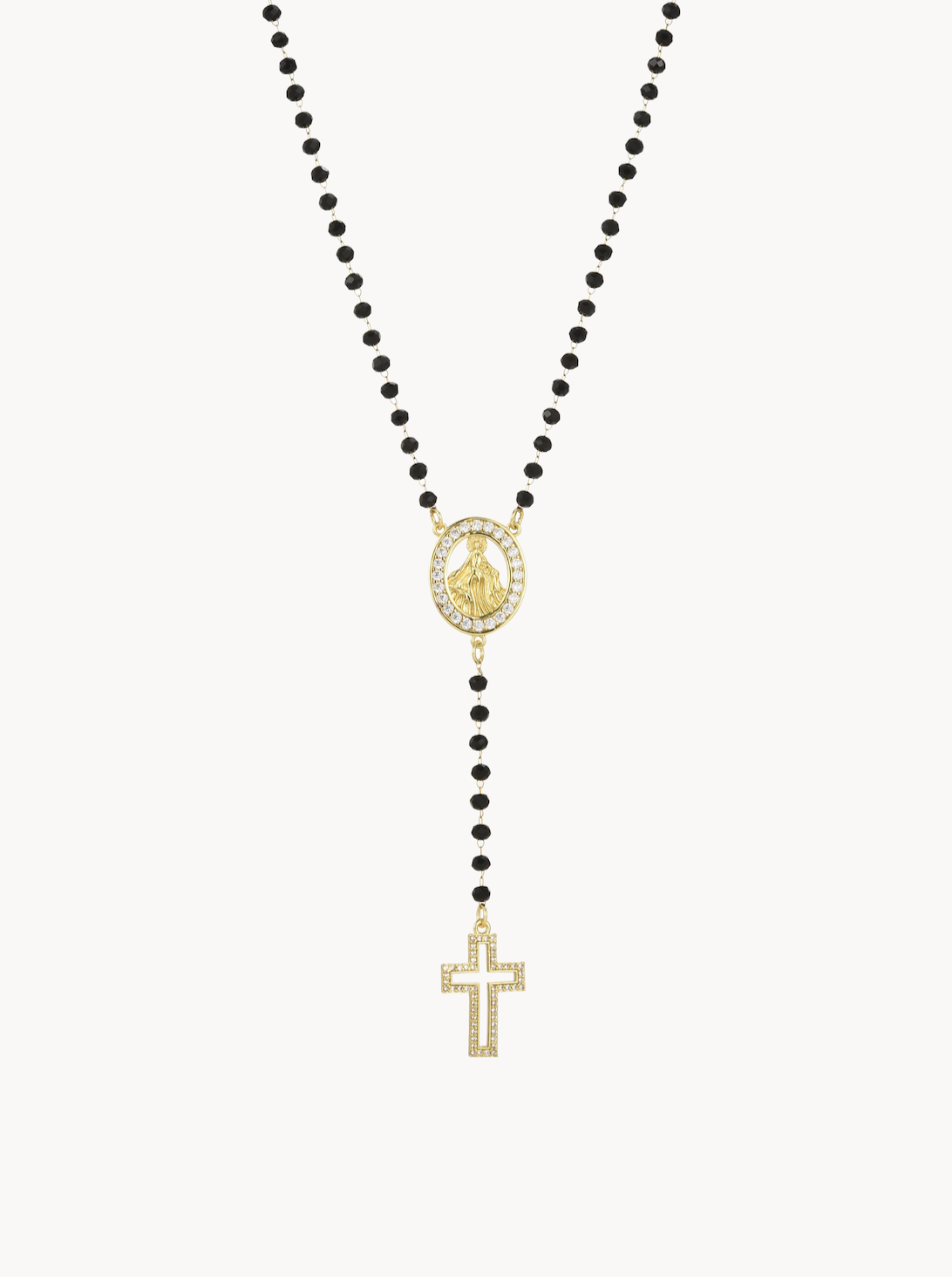 Grace Black Beaded Rosary Cross Lariat Necklace