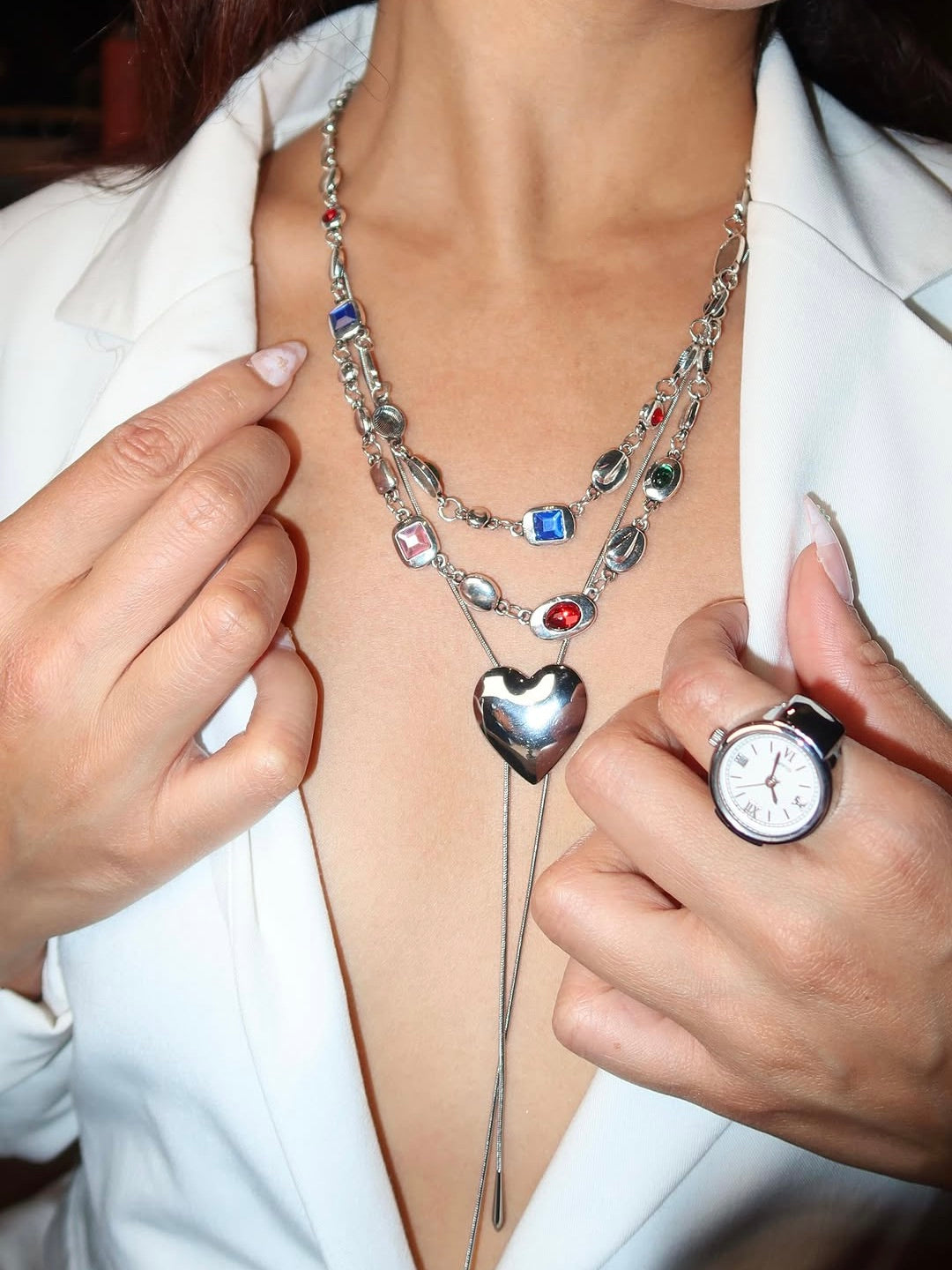 Aditi Colored Layered Silver Chain Necklace - Kuri Jewelry