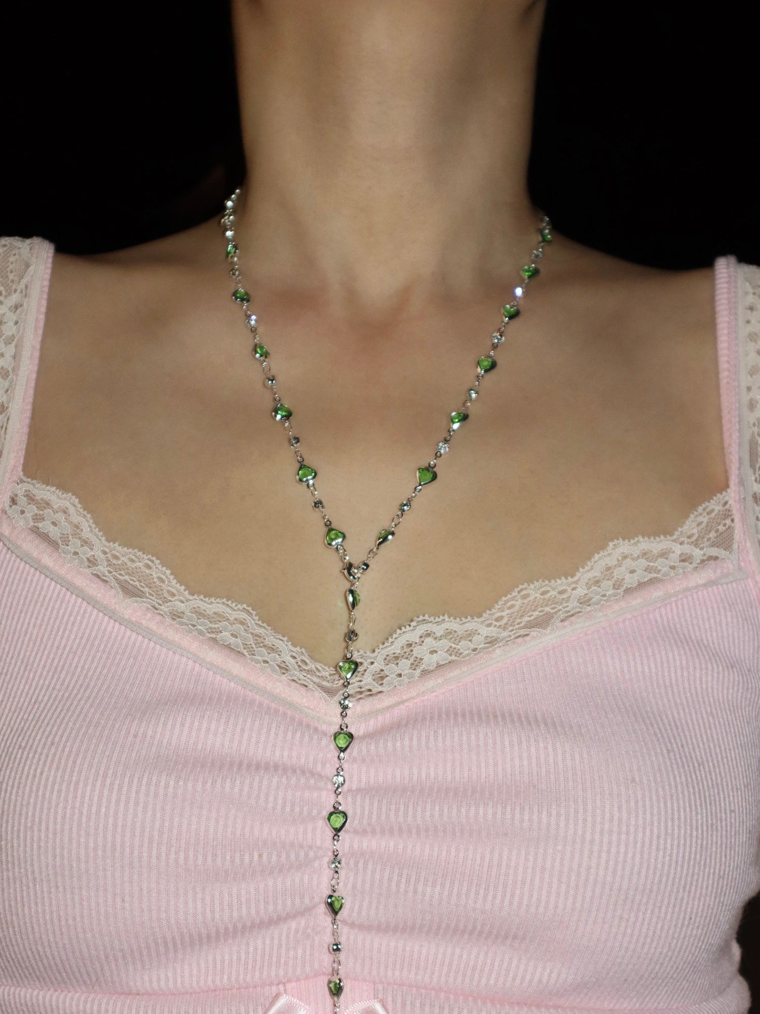 Margaret Green Hearts Silver Long Necklace - Kuri Jewelry