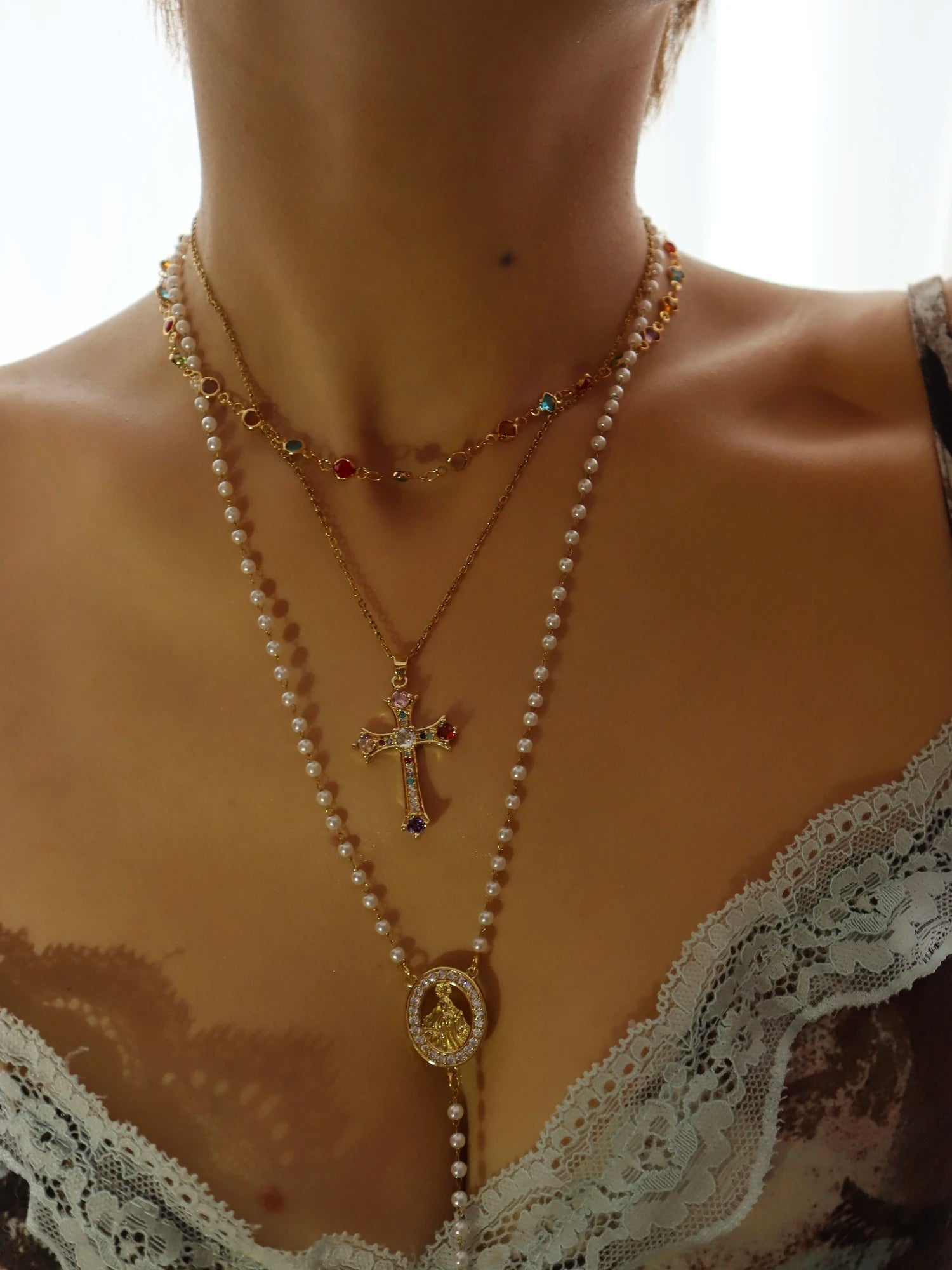 Grace Pearl Cross Lariat Necklace - Kuri Jewelry