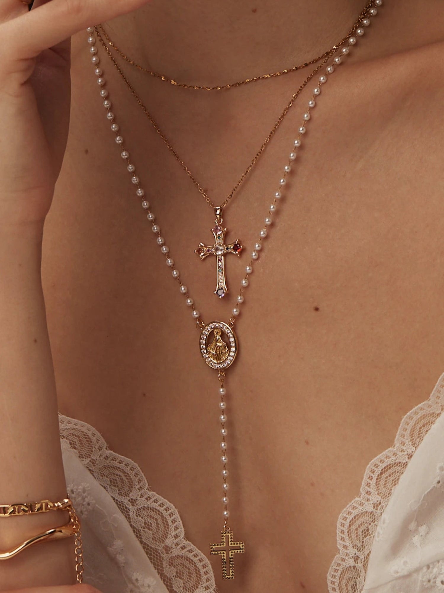 Grace Pearl Cross Lariat Necklace - Kuri Jewelry