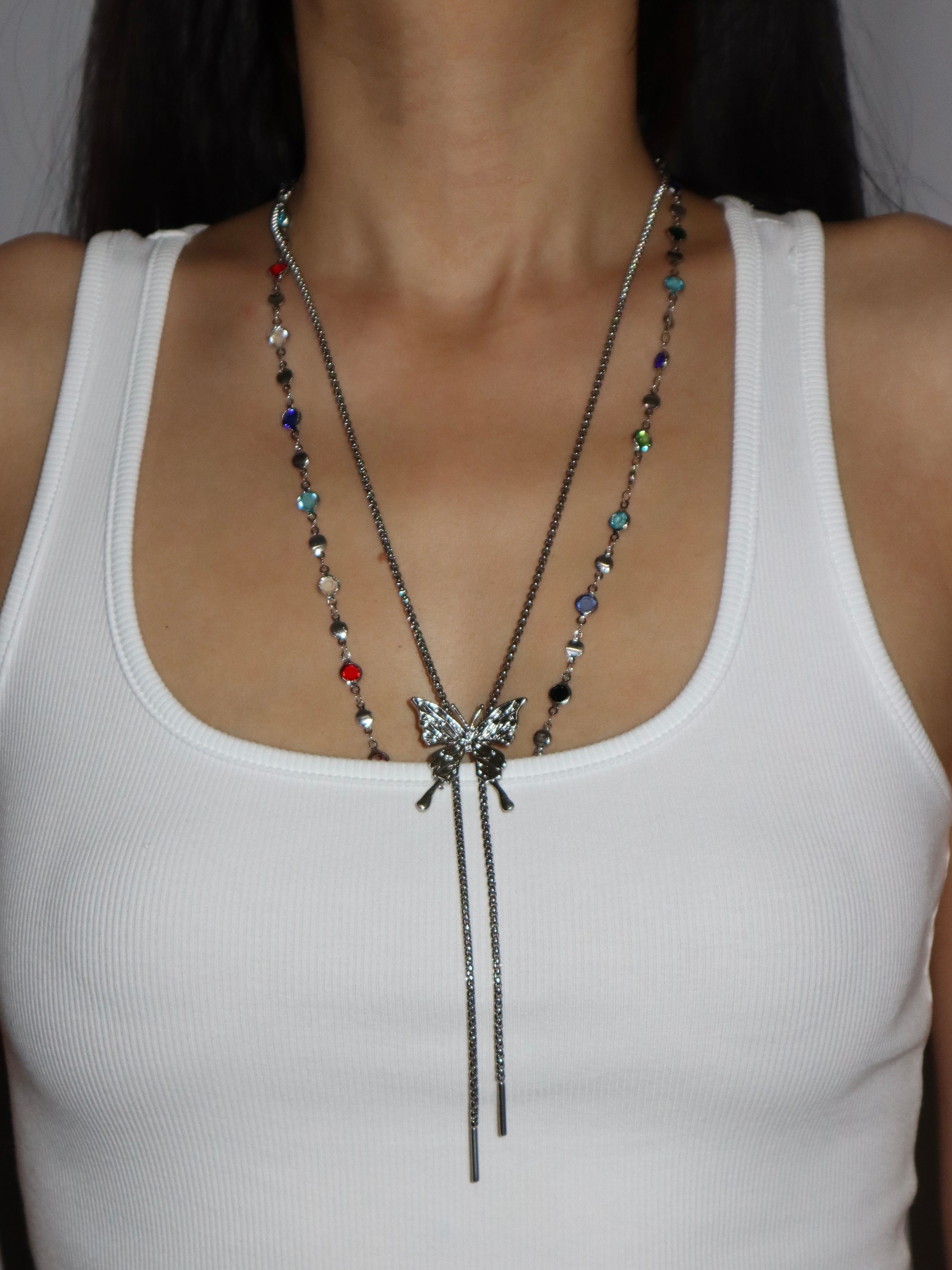 Jolie Colorful Lariat Necklace in Silver