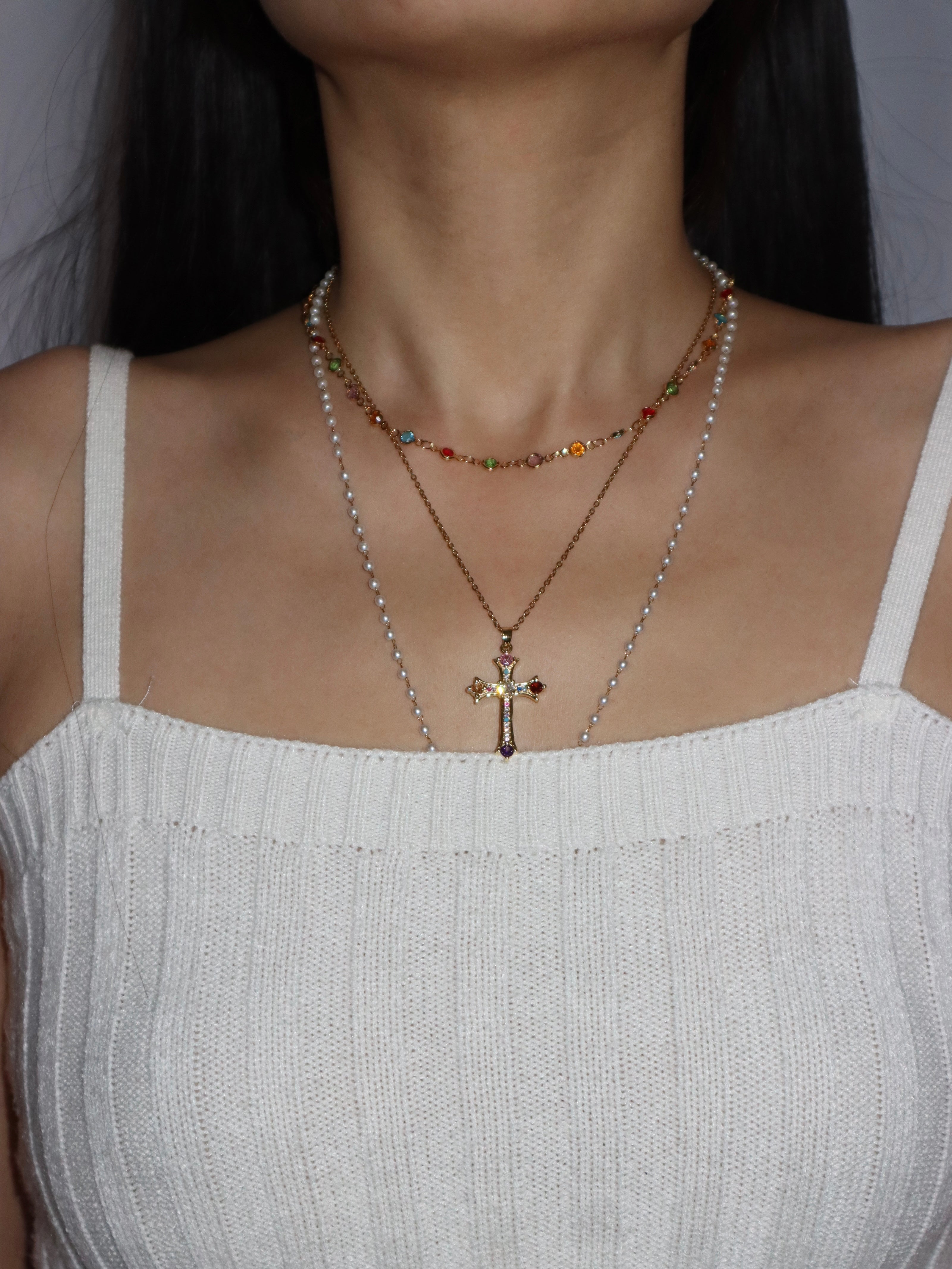 Grace Pearl Cross Lariat Necklace